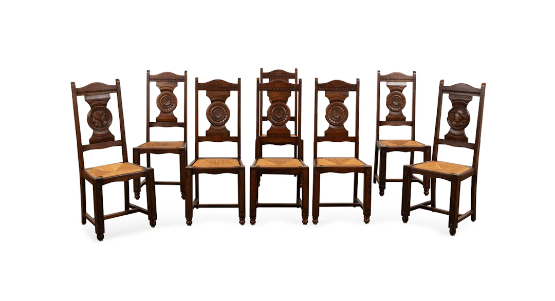 Set of Eight French Breton Oak Dining Chairs