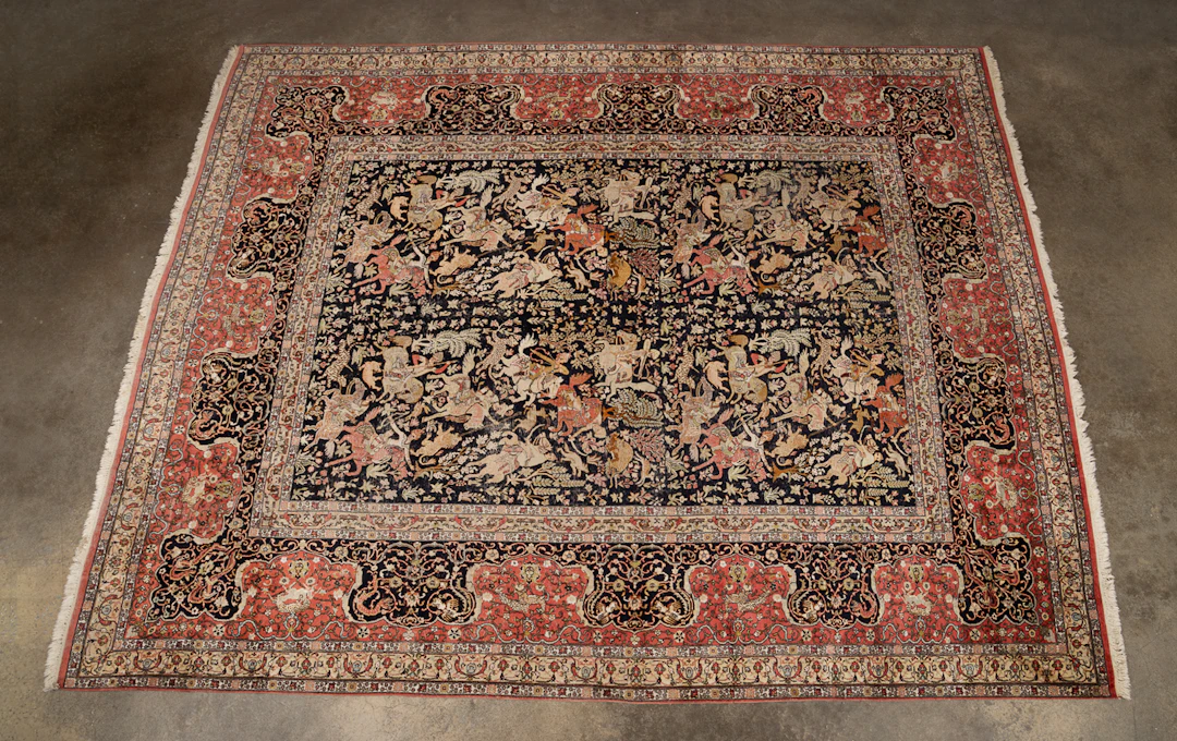Indian Hunting Scene Silk & Cashmere Rug, 20th C.