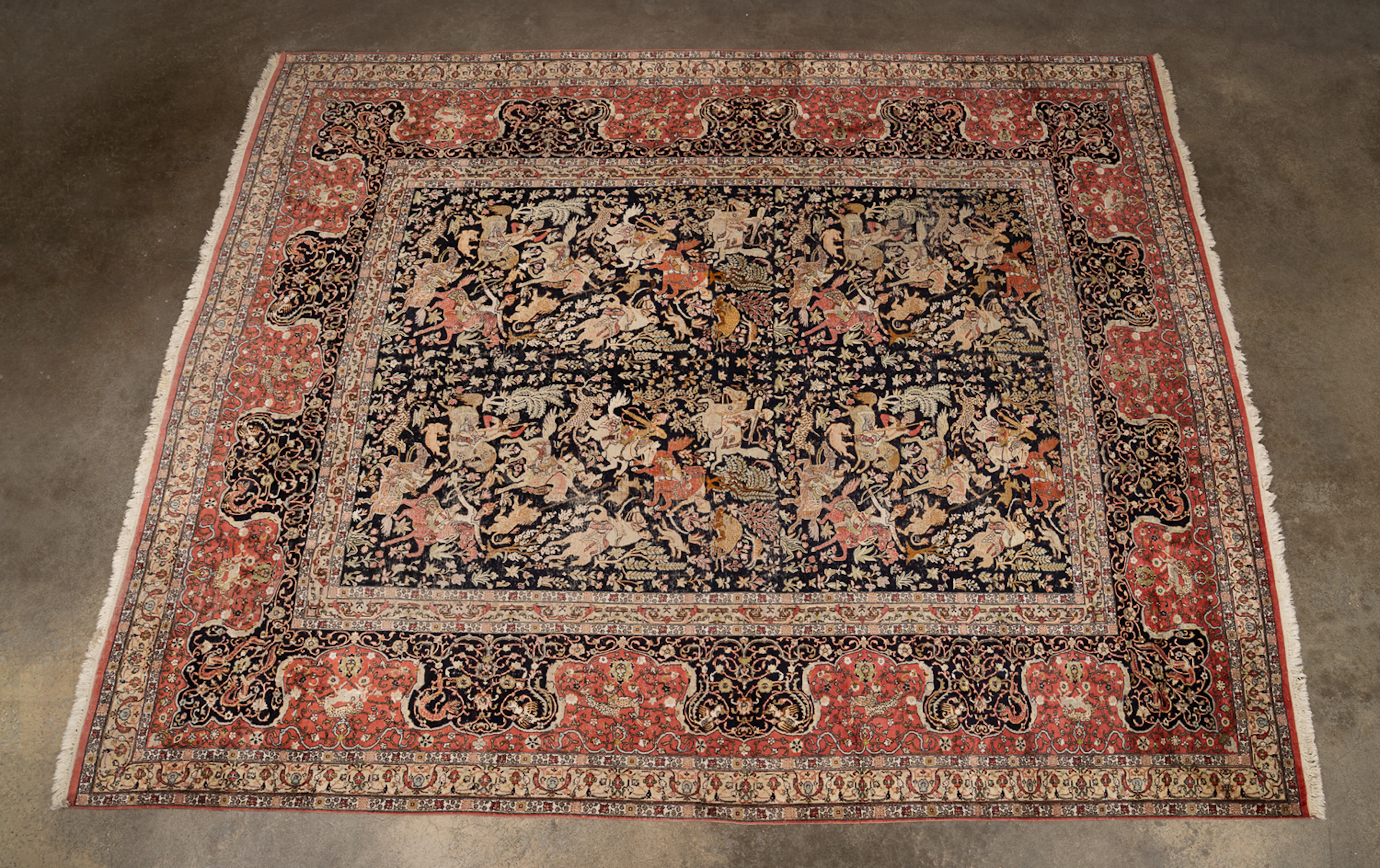Indian Hunting Scene Silk & Cashmere Rug, 20th C.