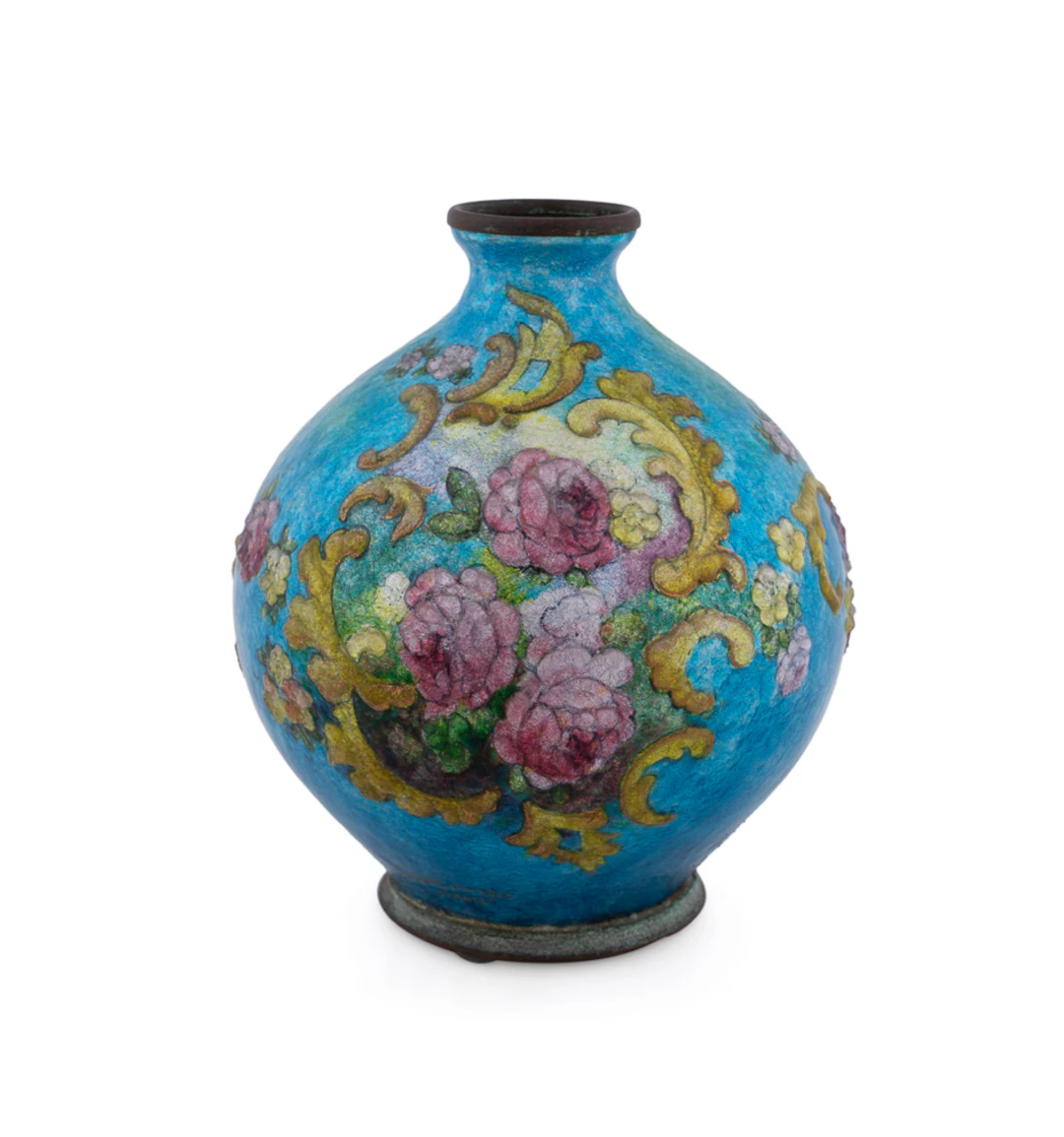 Camille Faure, Enamel Floral Blue Ground Vase