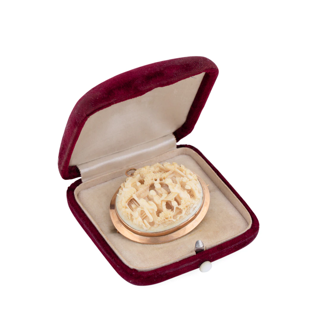 Figural Carved Bone 14k Rose Gold Pin Pendant