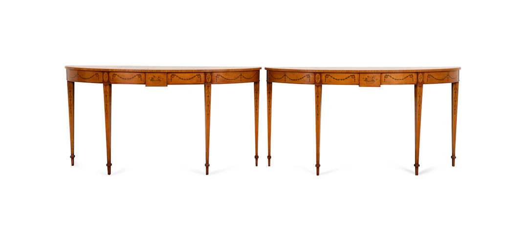 Pair of Adams Style Inlaid Demilune Console Tables, 20th century