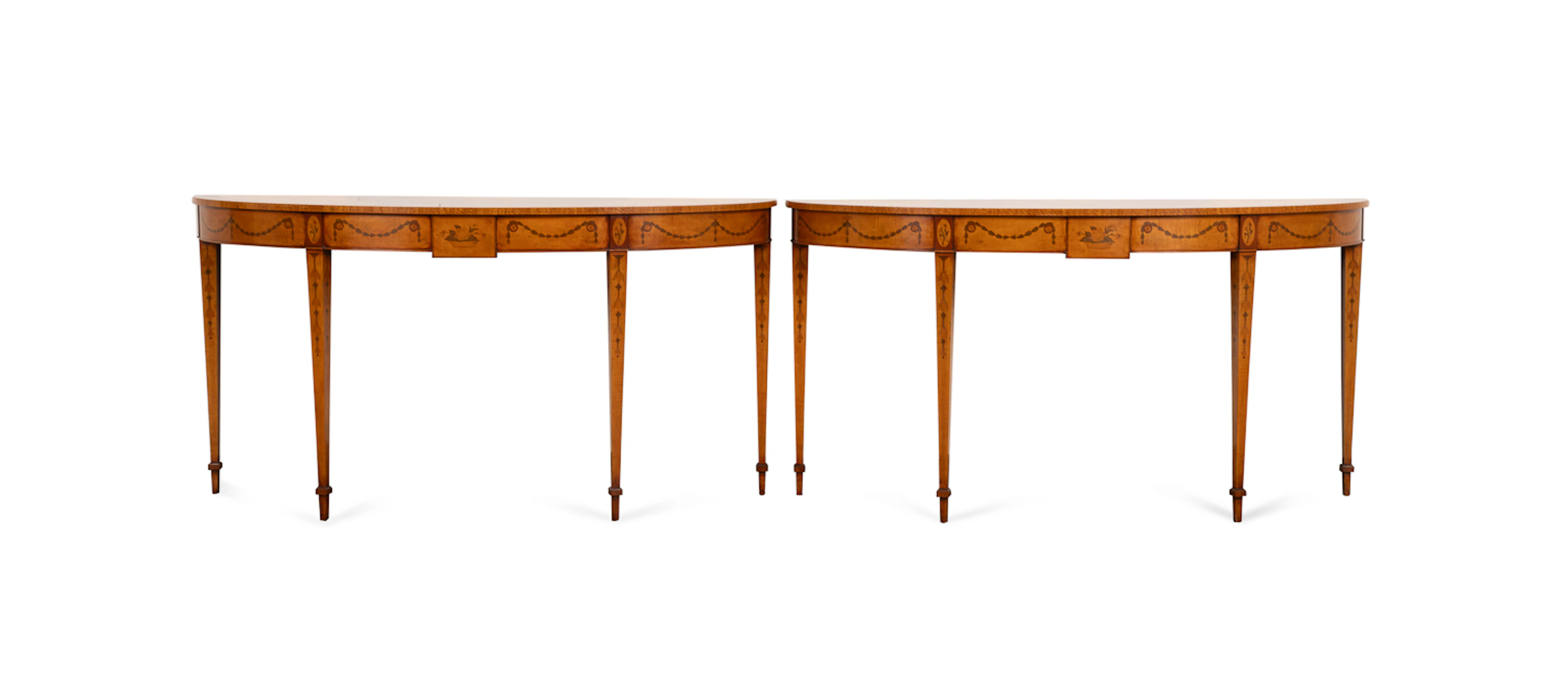 Pair of Adams Style Inlaid Demilune Console Tables, 20th century