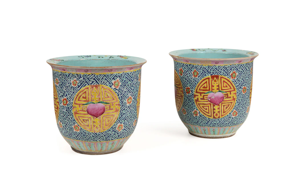 Pair of Famille Rose Porcelain Jardinieres