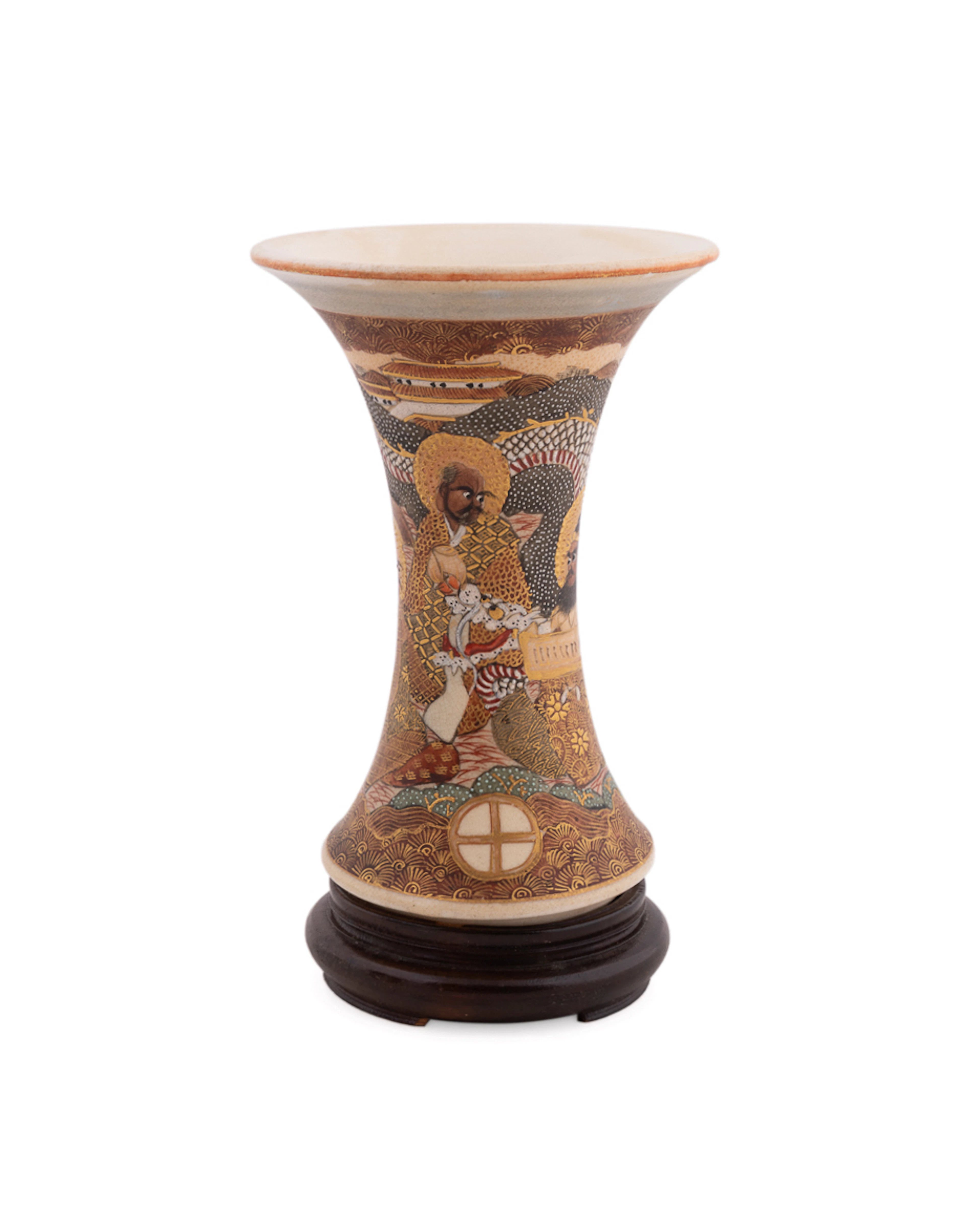 Satsuma Small Figural Shimazu Crest Vase on Stand