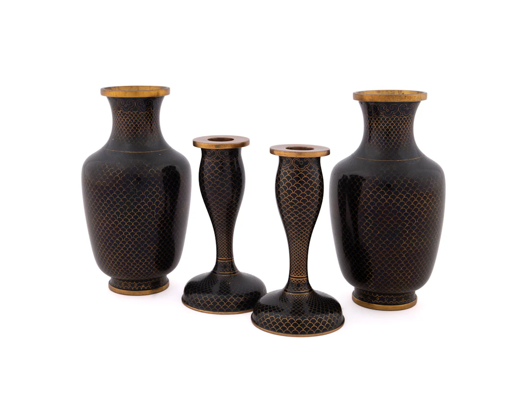 4 PC Set, Chinese Cloisonne Candlesticks & Vases
