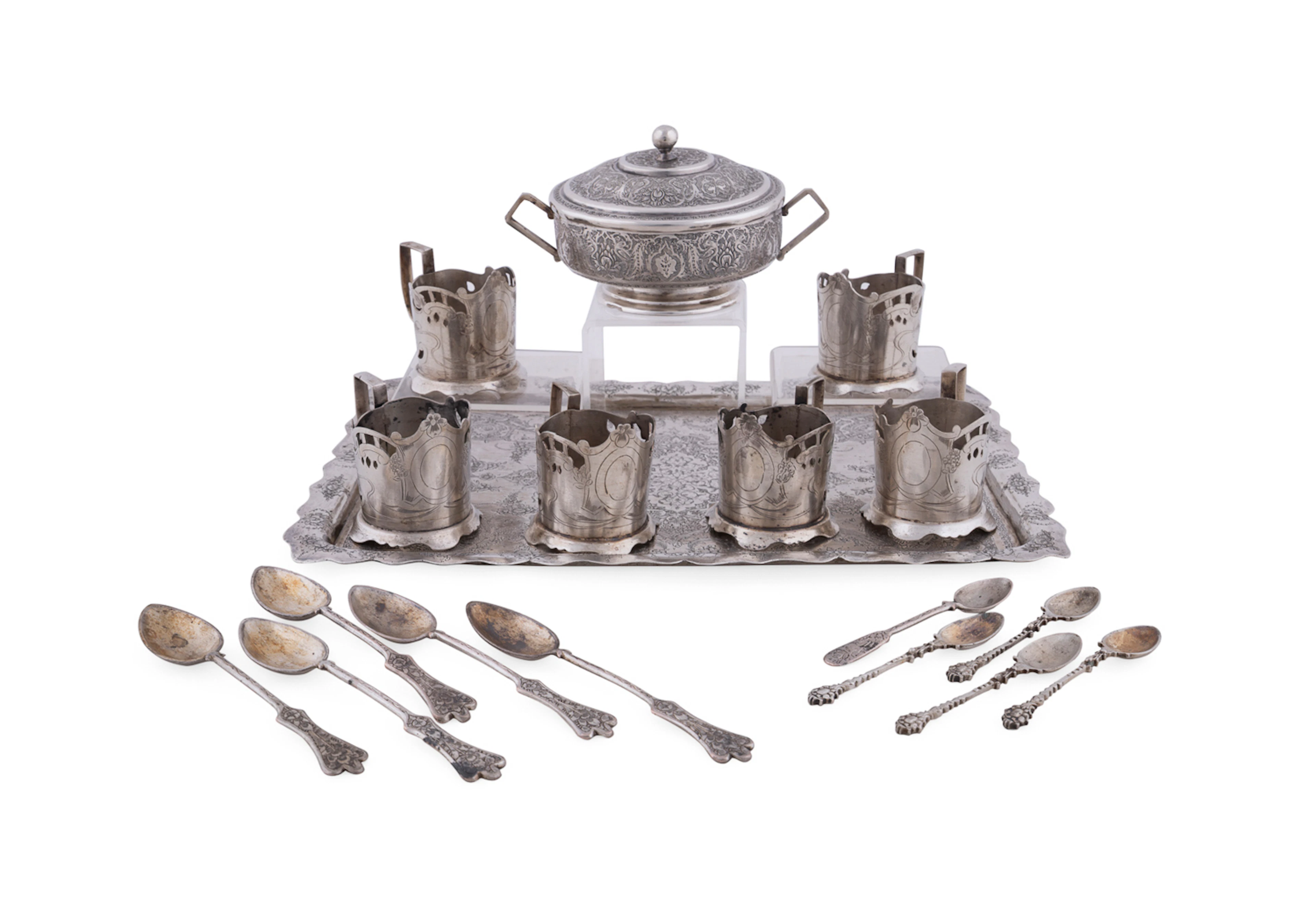 18PC Persian Partial Tea Set, .875 Silver & Plated