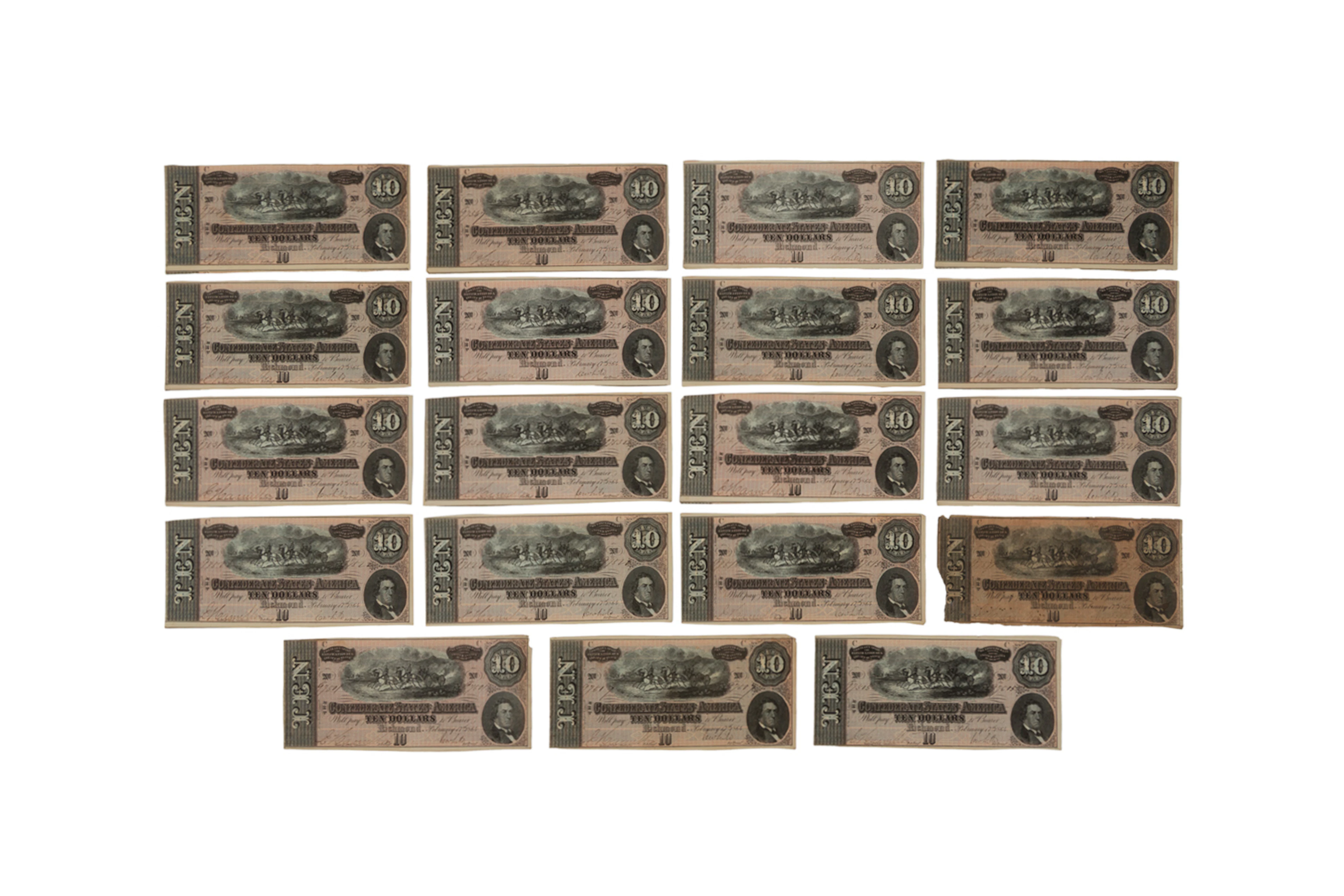 Group of 19, T-68 Confederate Banknotes, 1864 $10