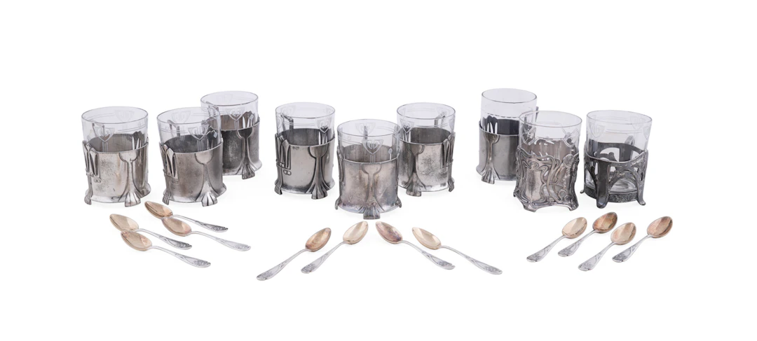 WMF, 9 Toddy Glasses Holders & Set of 12 Spoons