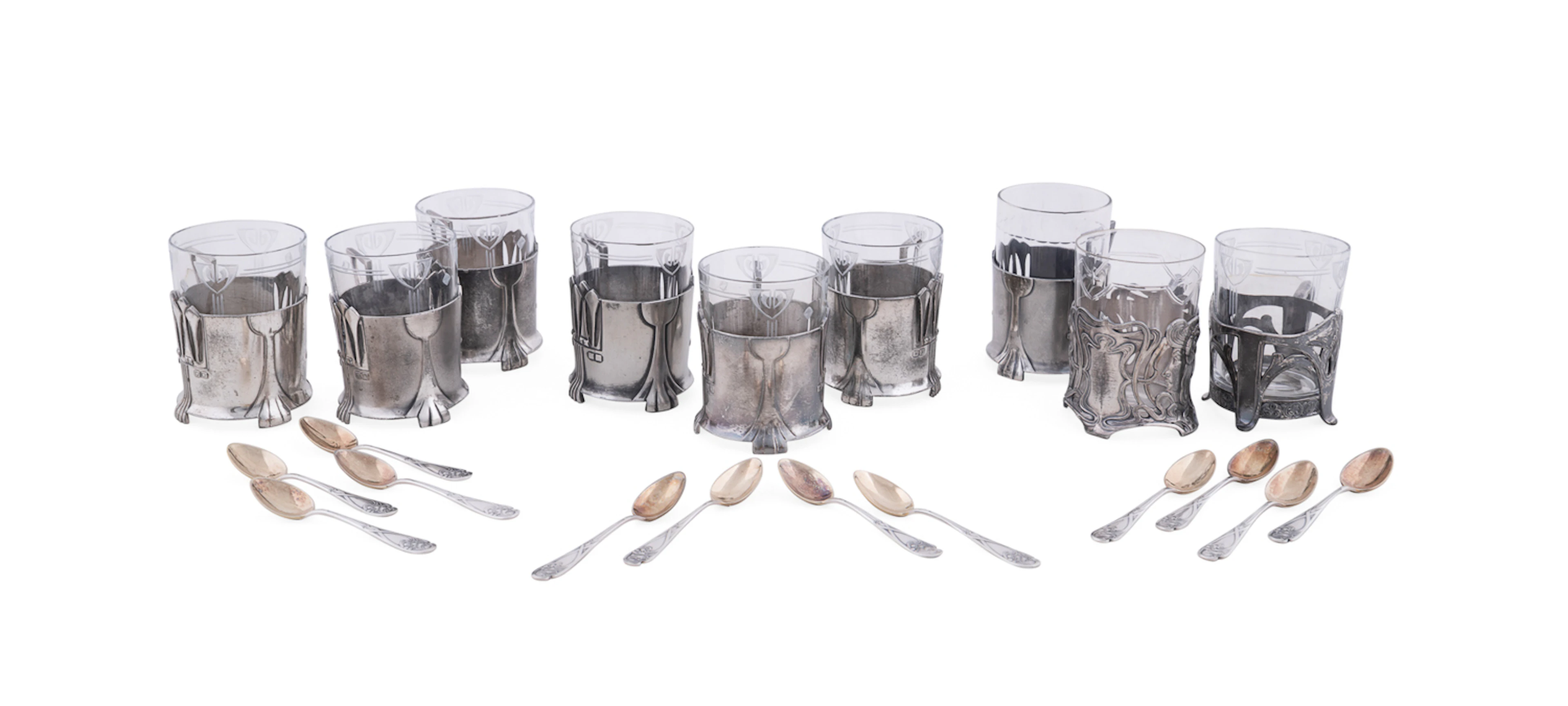 WMF, 9 Toddy Glasses Holders & Set of 12 Spoons