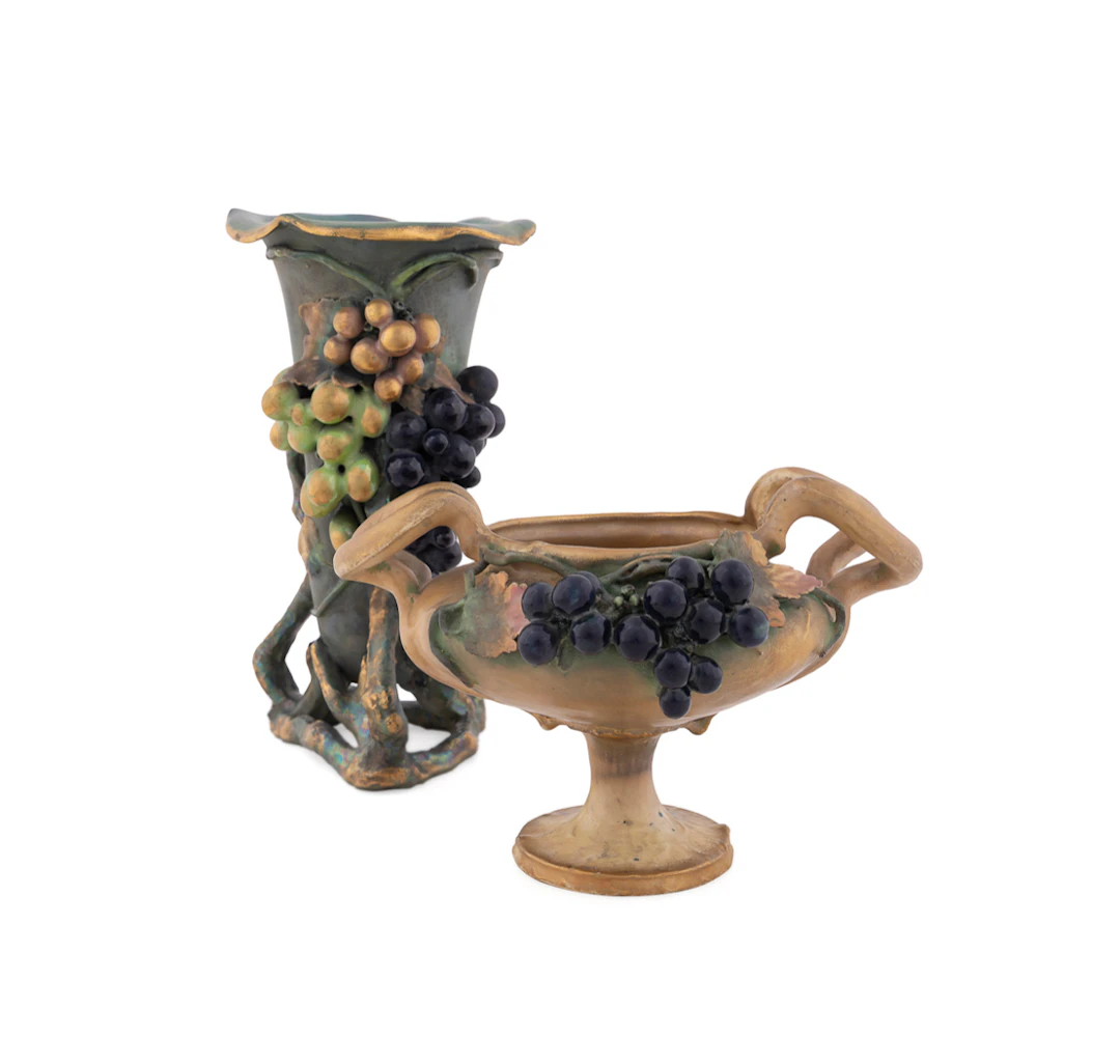 Amphora, Two Art Nouveau Grape Vessels, C. 1900