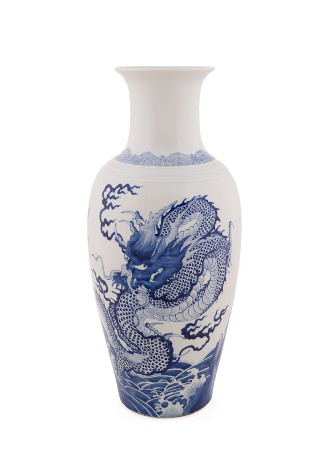 Chinese Ming Style Blue & White Dragon Motif Vase