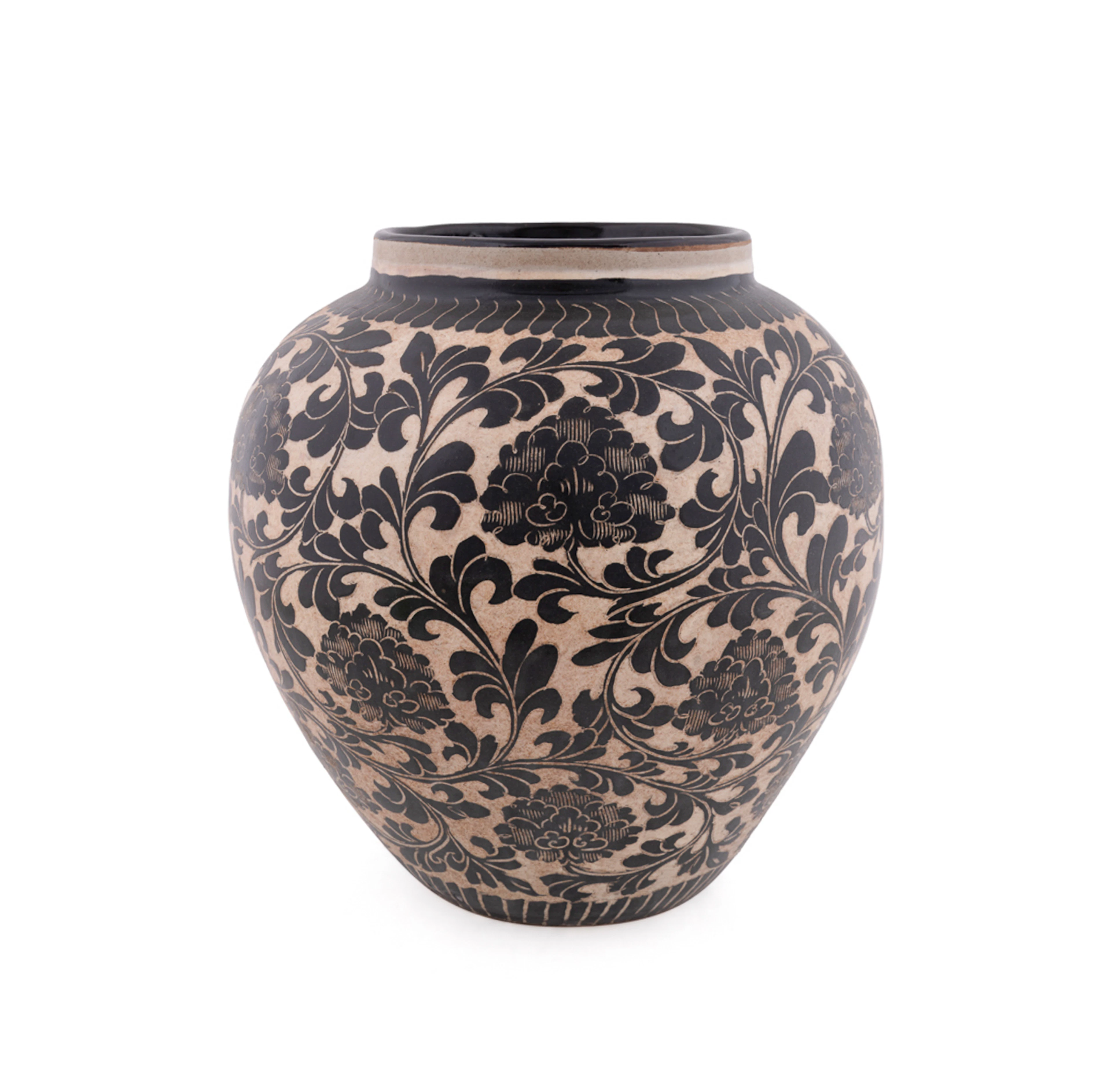 L. 19th C. Cizhou Black Glazed Floral Motif Jar