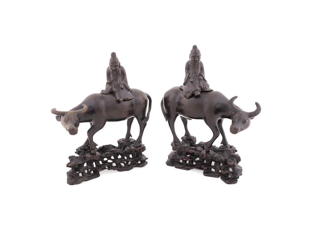 PR. 19th C. Bronze Opposing Figures on Ox on Bases