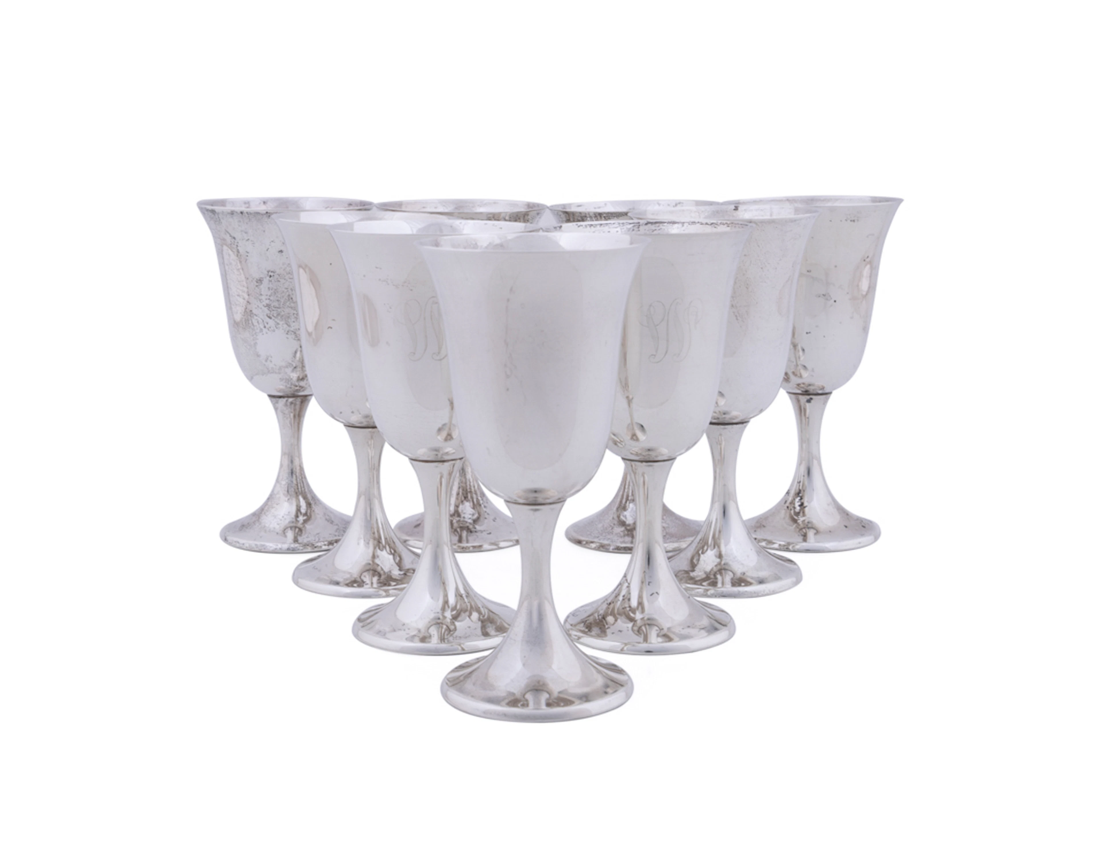Gorham, Set of Nine Sterling Silver Goblets