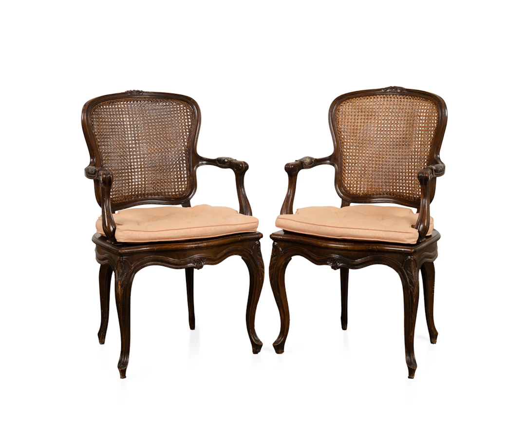 Pair of Louis XV Style Cane Back Walnut Armchairs
