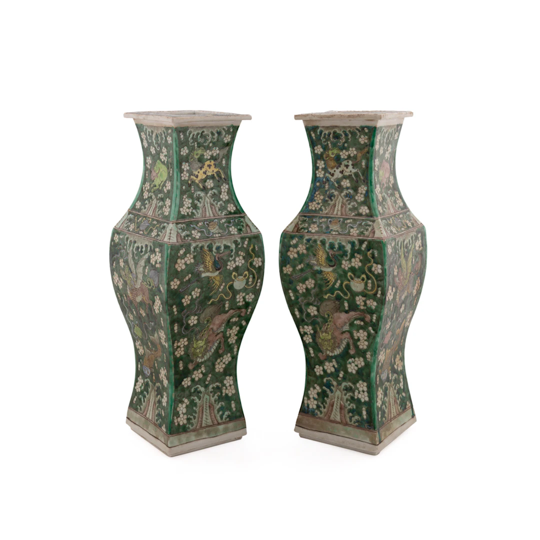 19th C. Pair of Famille Verte Porcelain Vases