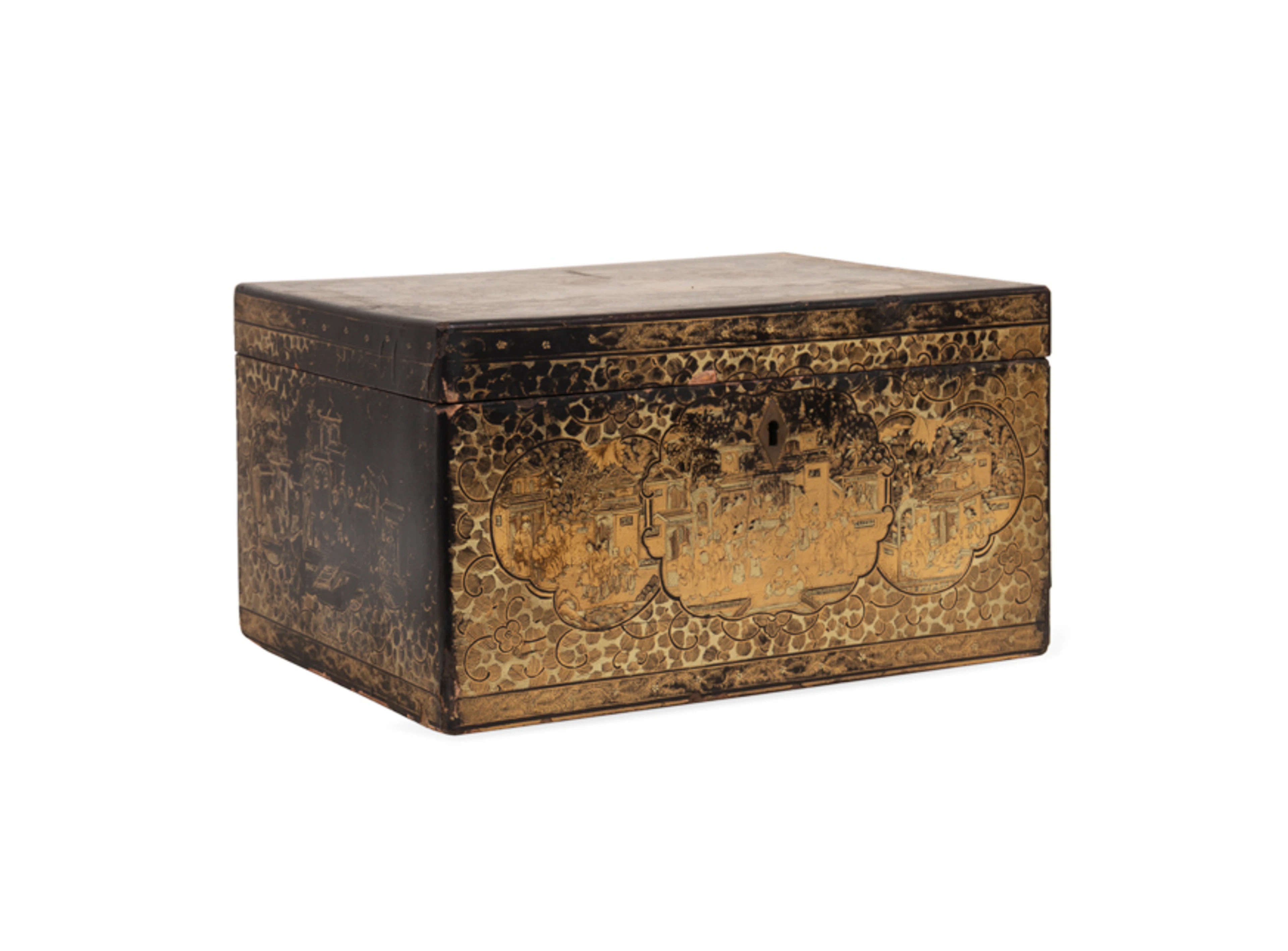 Chinese Export Figural Lacquered Tea Caddy
