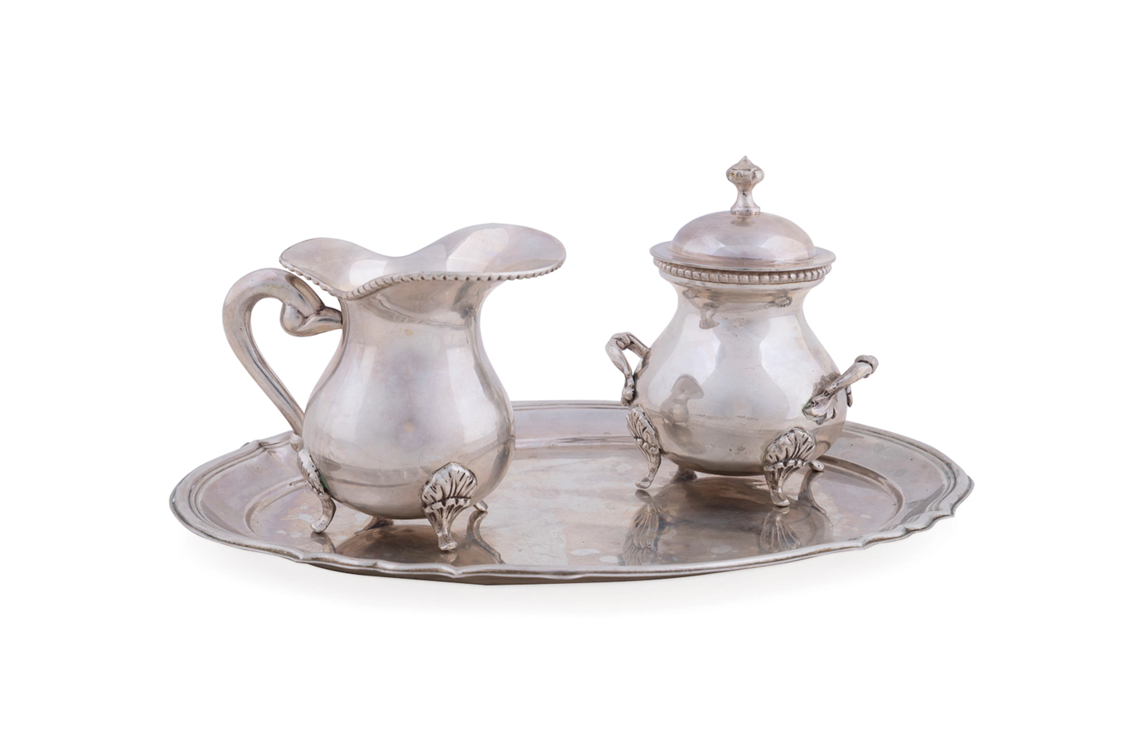 Continental Coin Silver Sugar, Creamer, and Tray