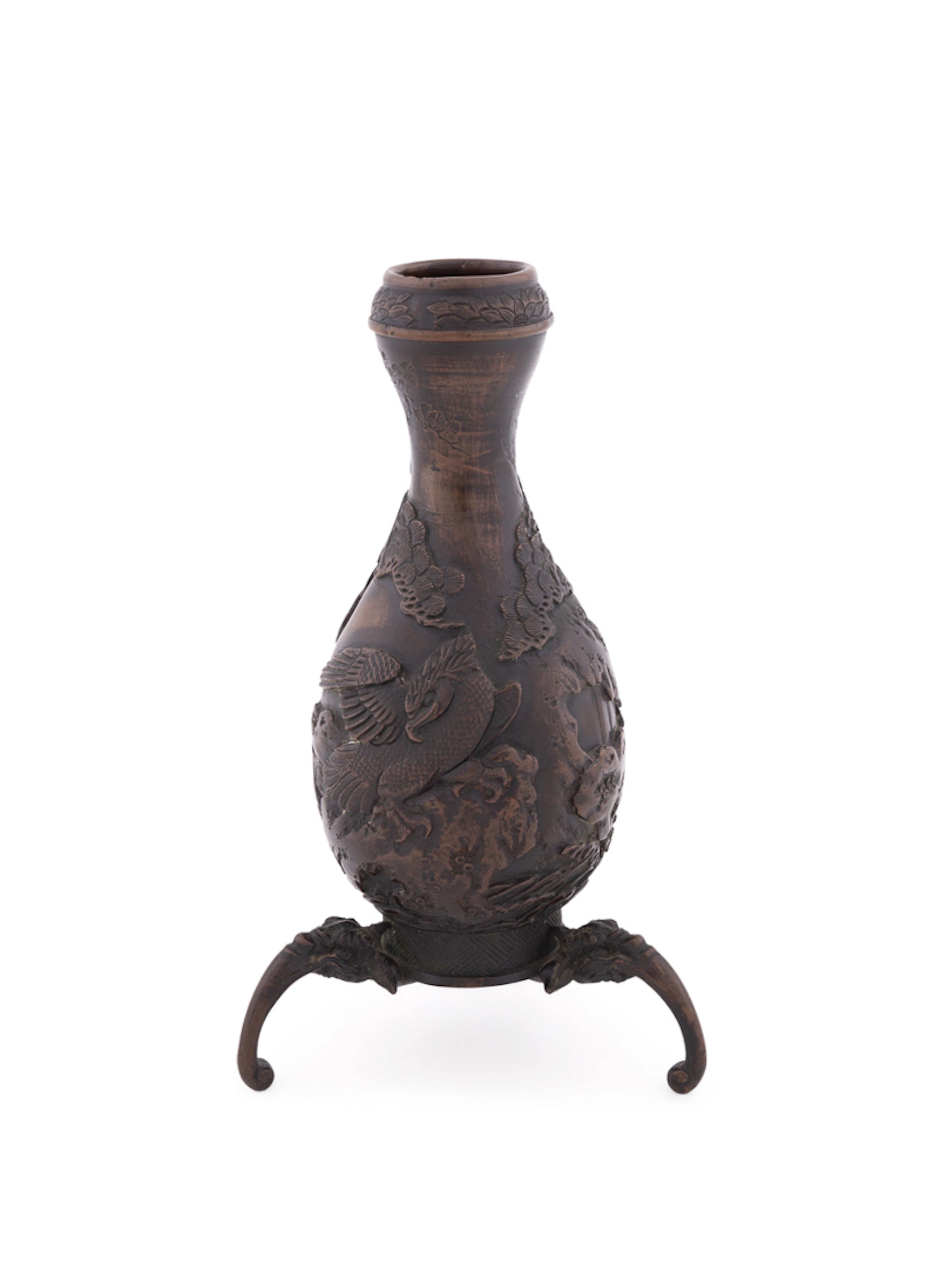 19th C. Japanese Bronze Vase with Bird & Figures