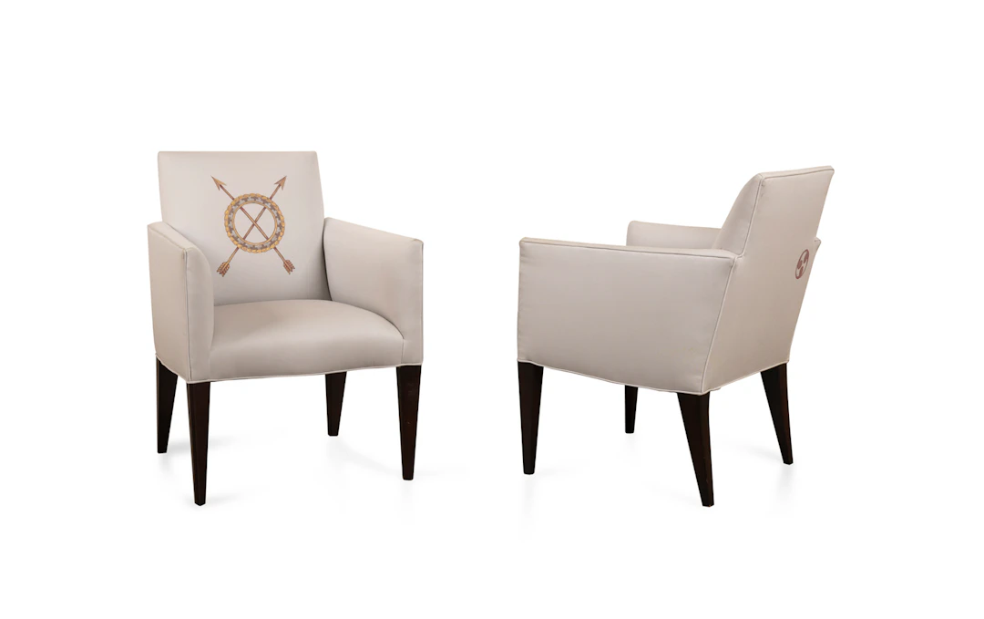 Pr. Upholstered Armchairs W/ Crossed Arrows Motif