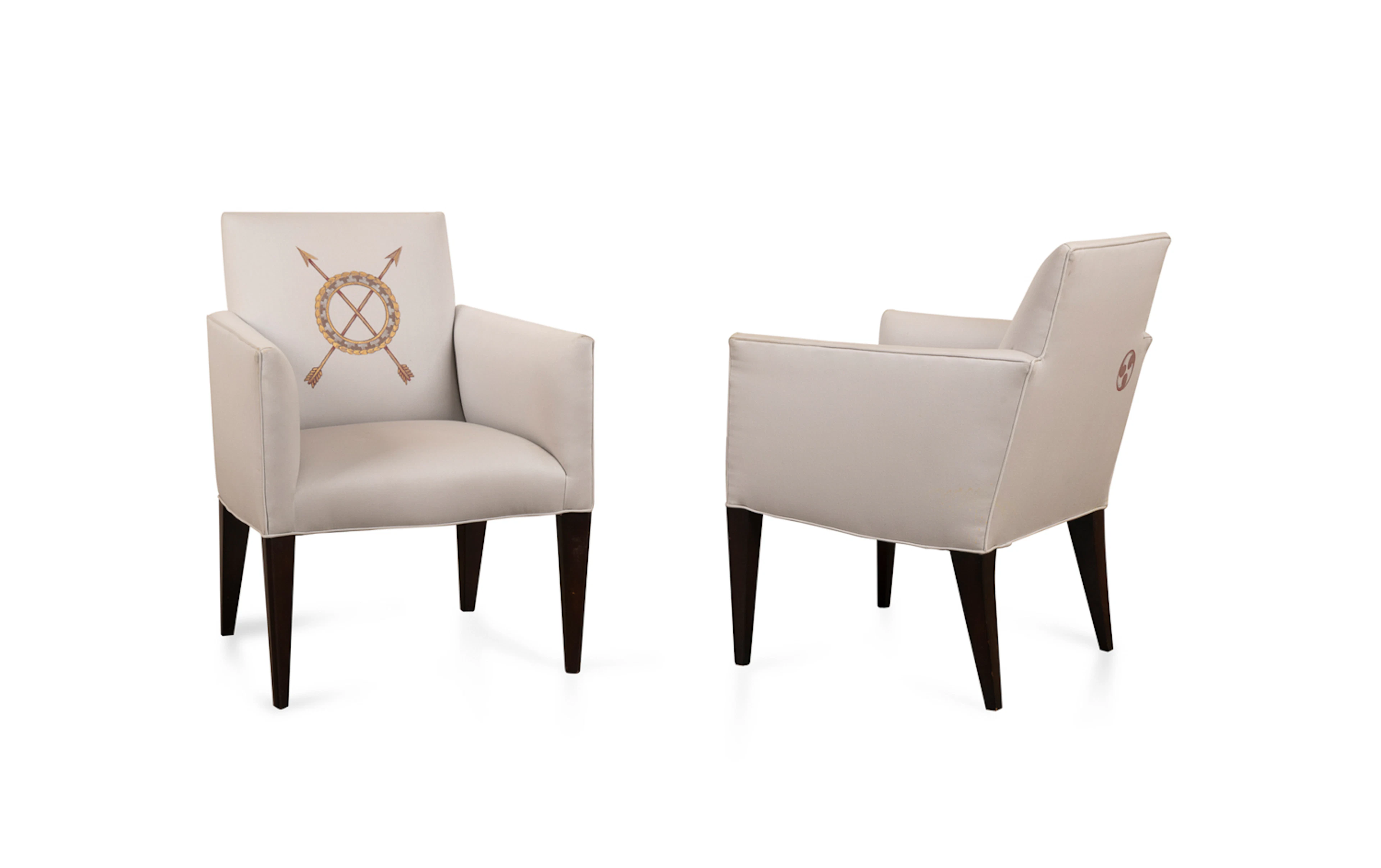 Pr. Upholstered Armchairs W/ Crossed Arrows Motif