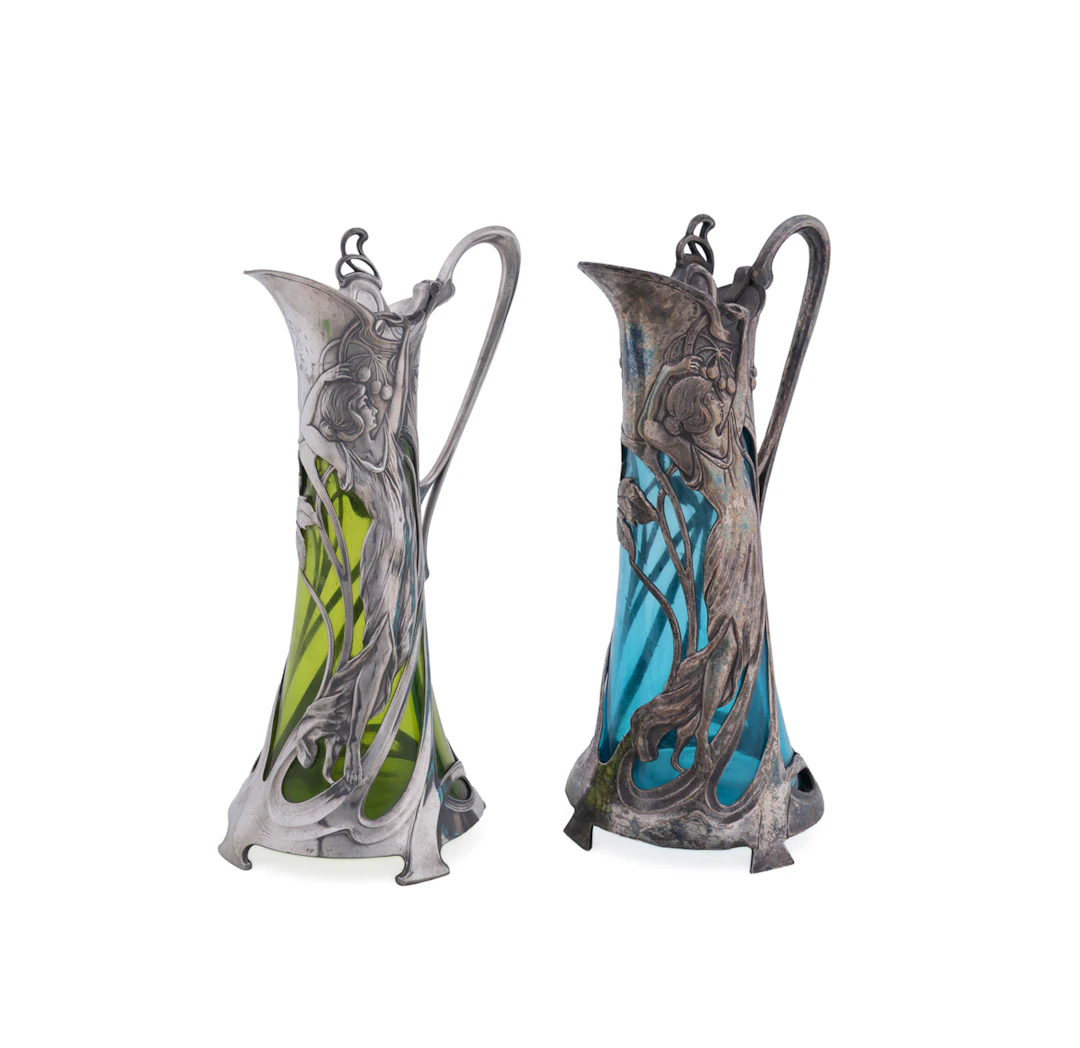 WMF, Pair of Art Nouveau Colored Claret Jugs