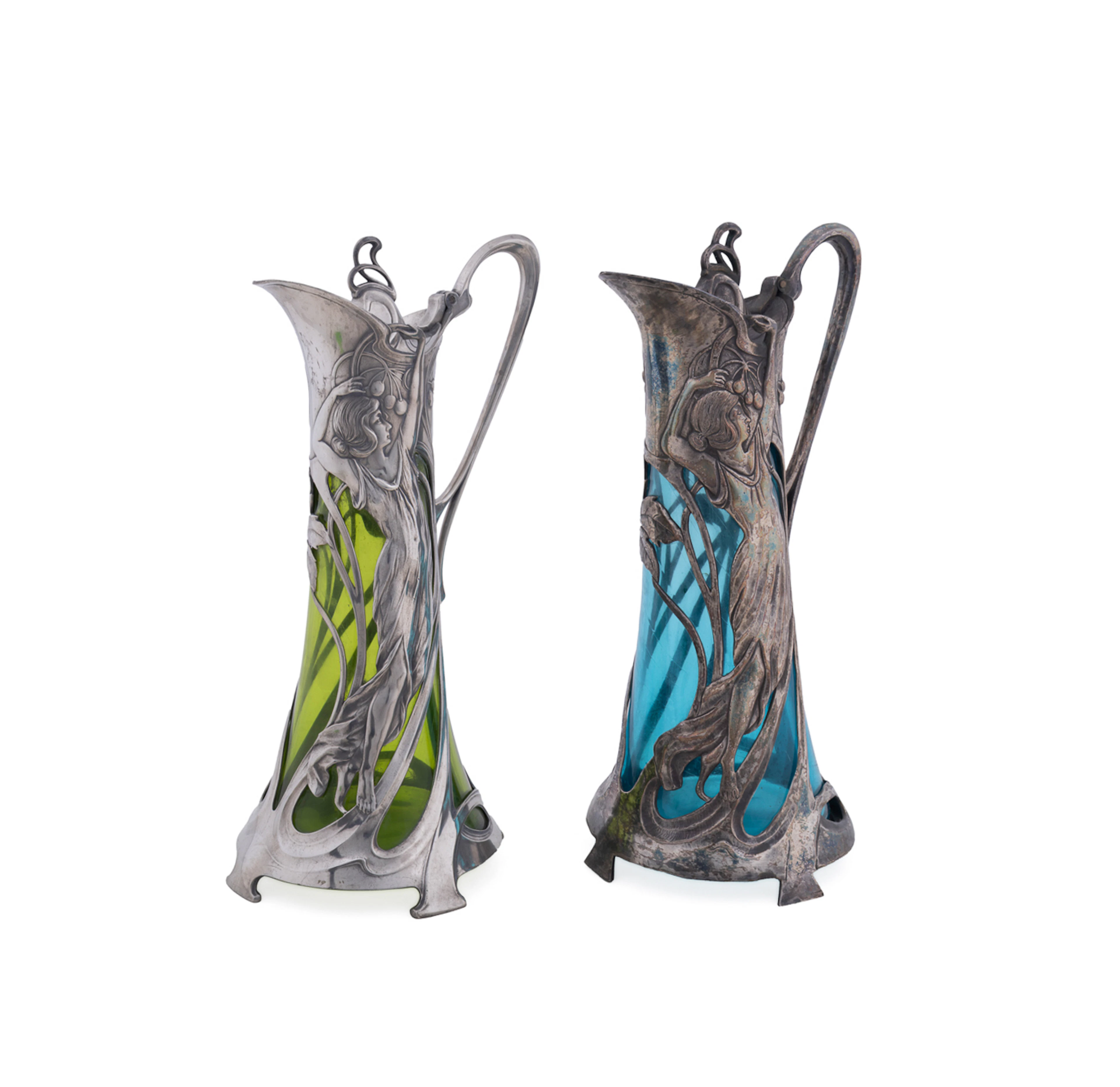 WMF, Pair of Art Nouveau Colored Claret Jugs