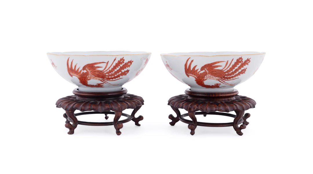 Pair of Chinese Iron Red Accent Porcelain Bowls