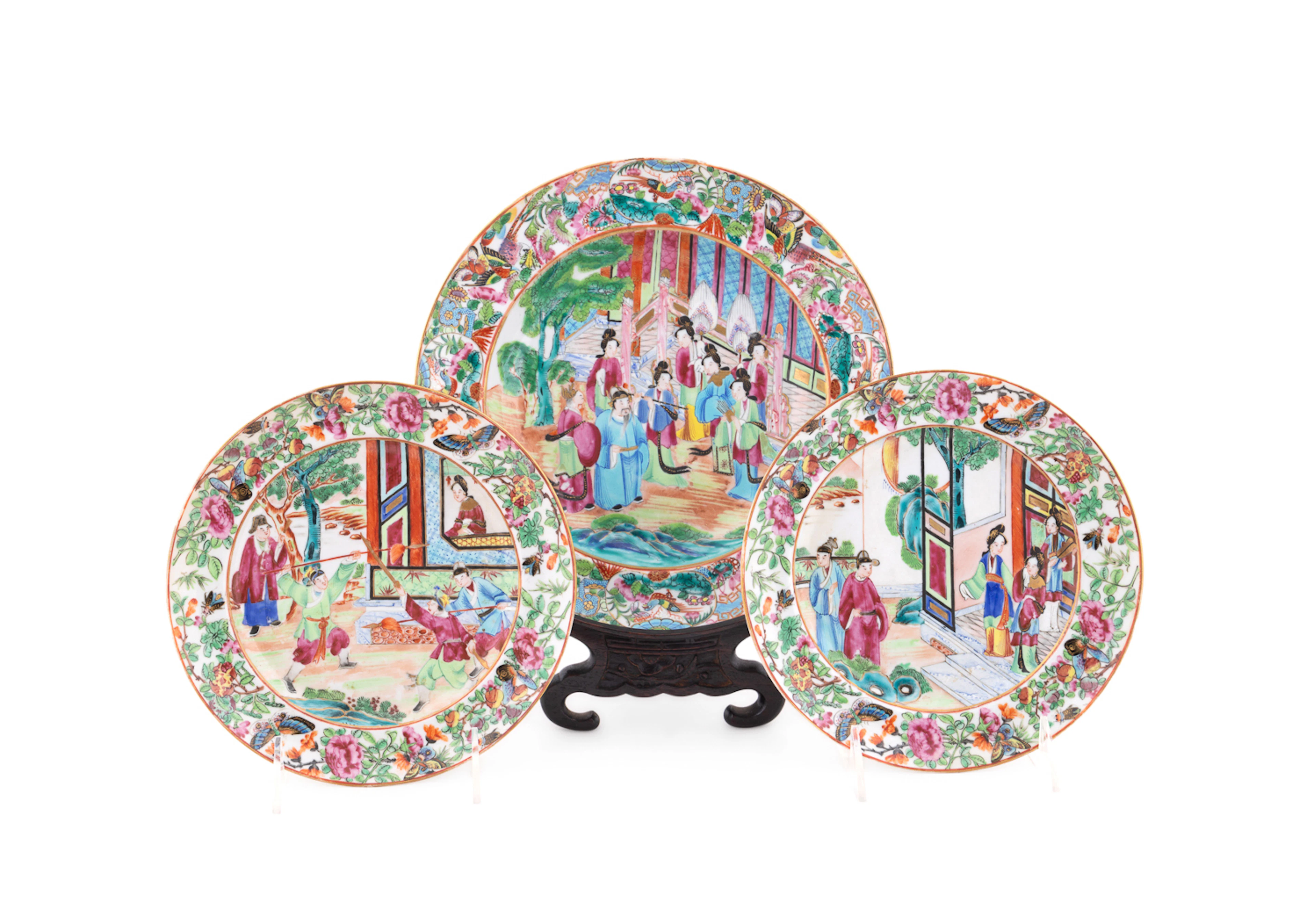 19th C. Chinese 3 Rose Medallion Porcelain Plates
