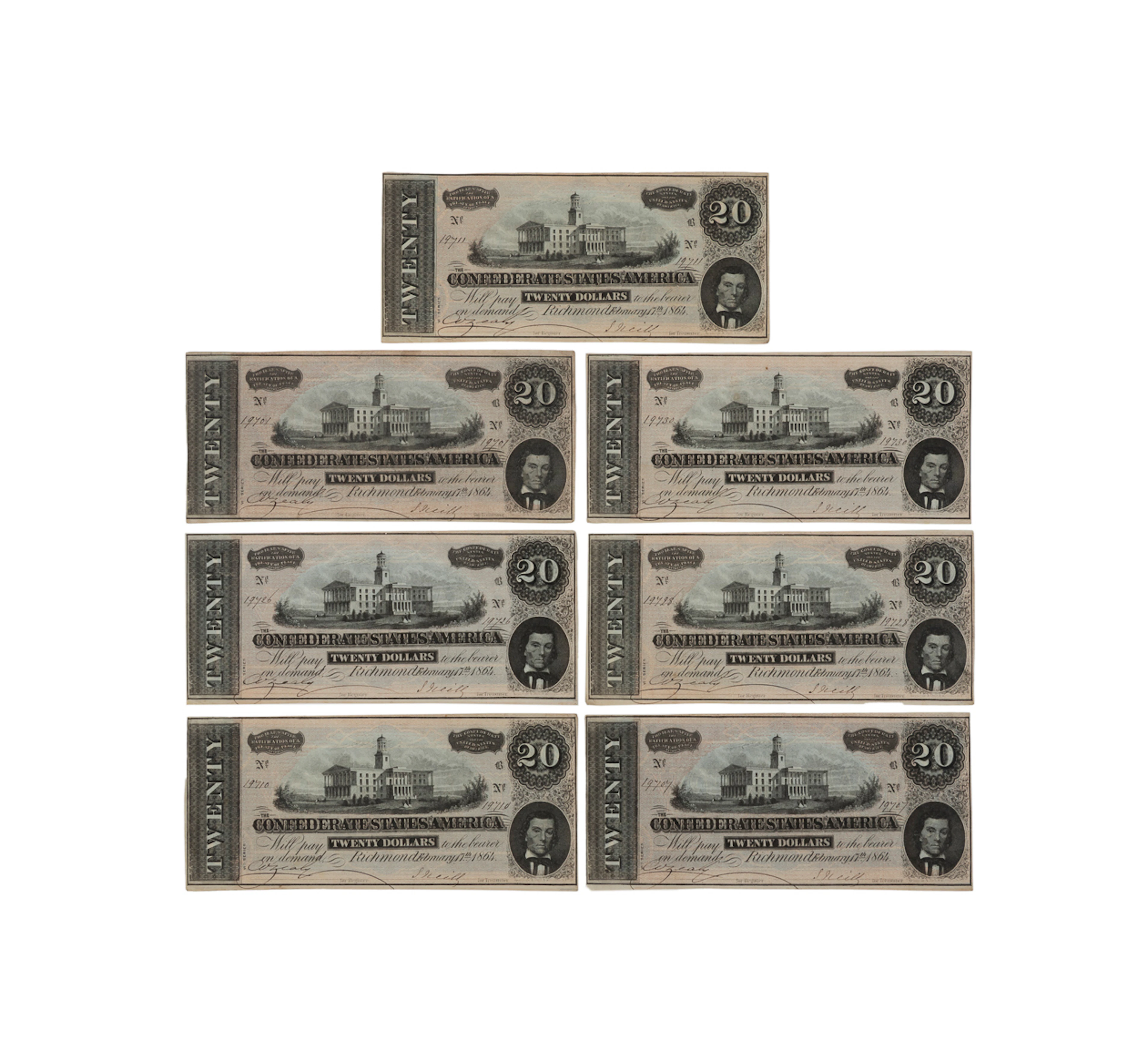 Group of 7, T-67 Confederate Banknotes, 1864 $20