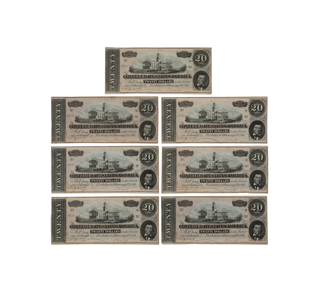 Group of 7, T-67 Confederate Banknotes, 1864 $20