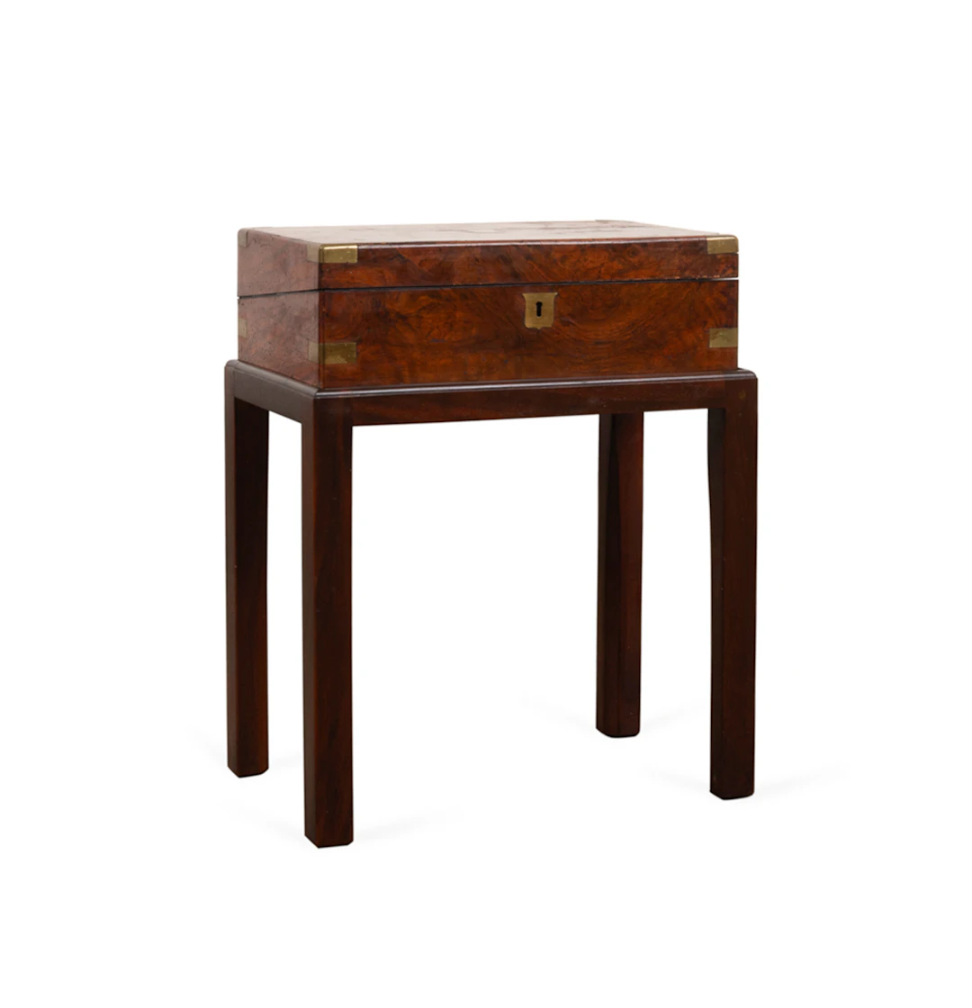 19th C. English Burl Walnut Campaign Box on Stand