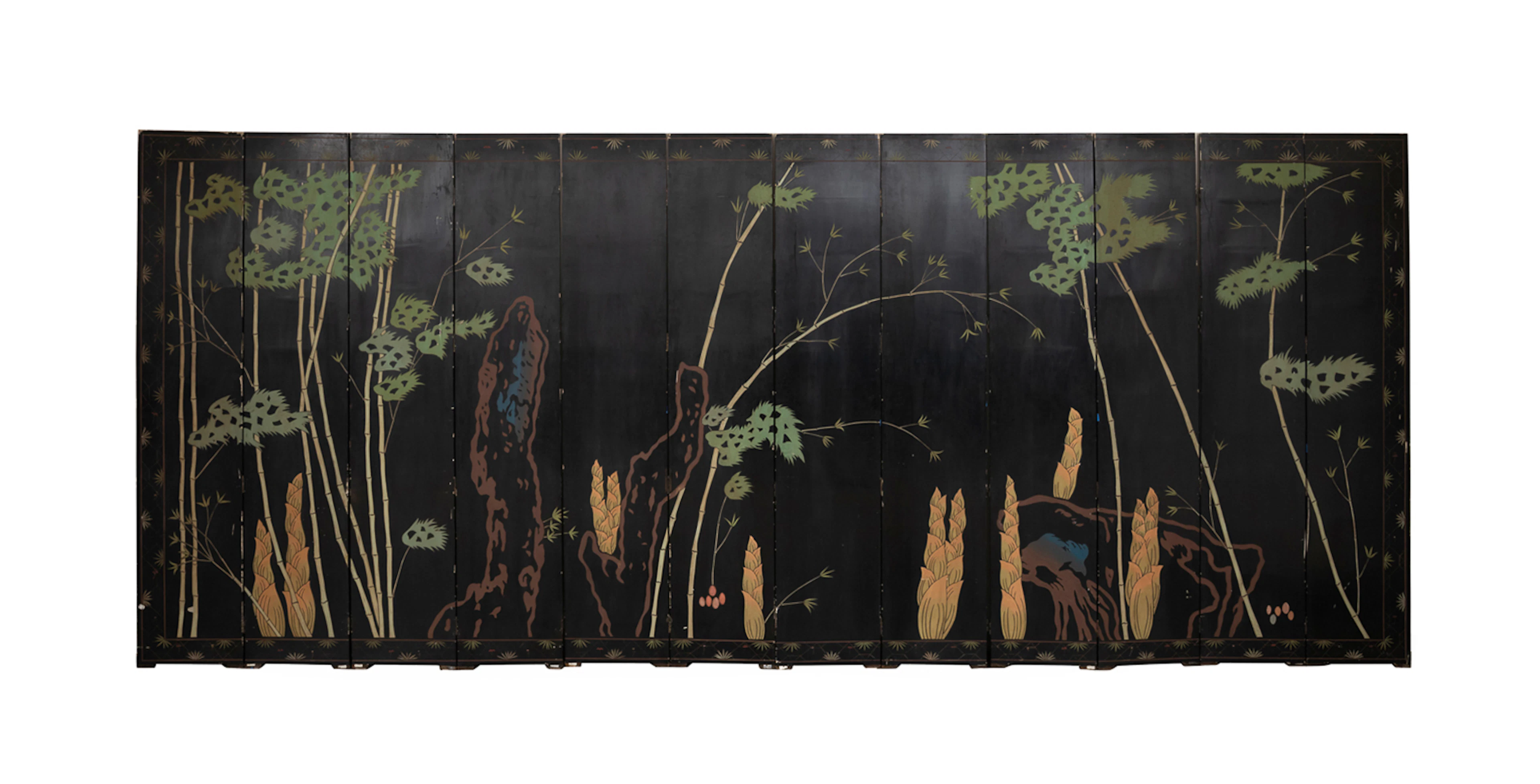 Twelve Panel Black & Gold Lacquered Floor Screen