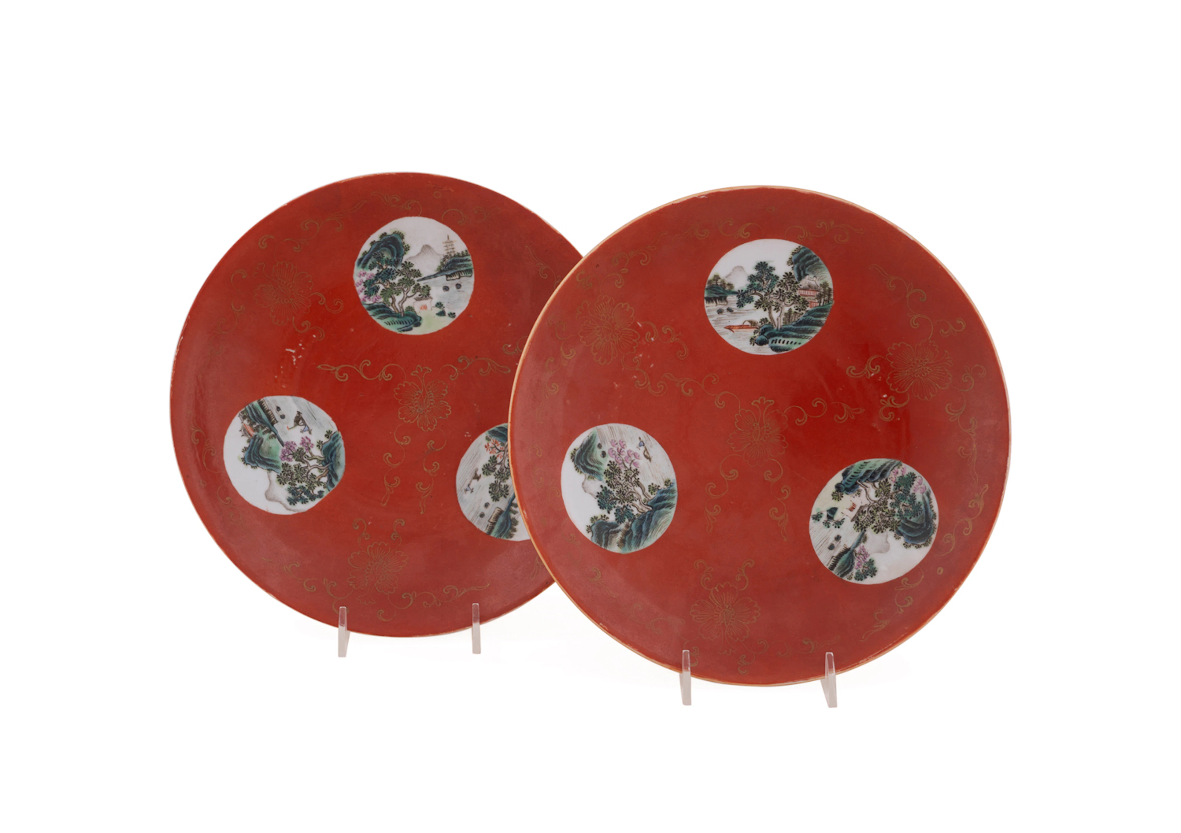 PR. 19th C. Gilt & Red Scenic Medallion Plates