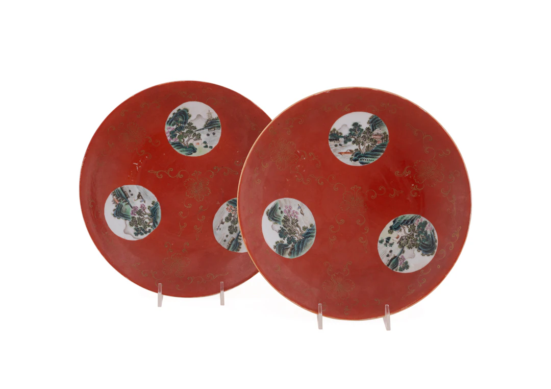 PR. 19th C. Gilt & Red Scenic Medallion Plates