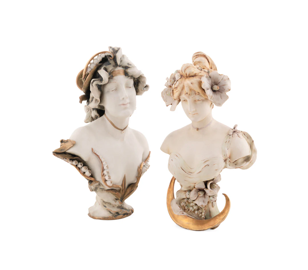 Amphora, Two Art Nouveau Allegorical Maiden Busts