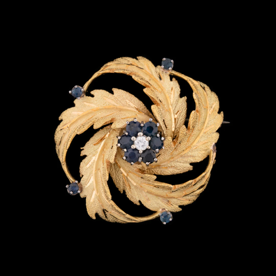 Sapphire & Diamond 18K YG Leaf Motif Pin