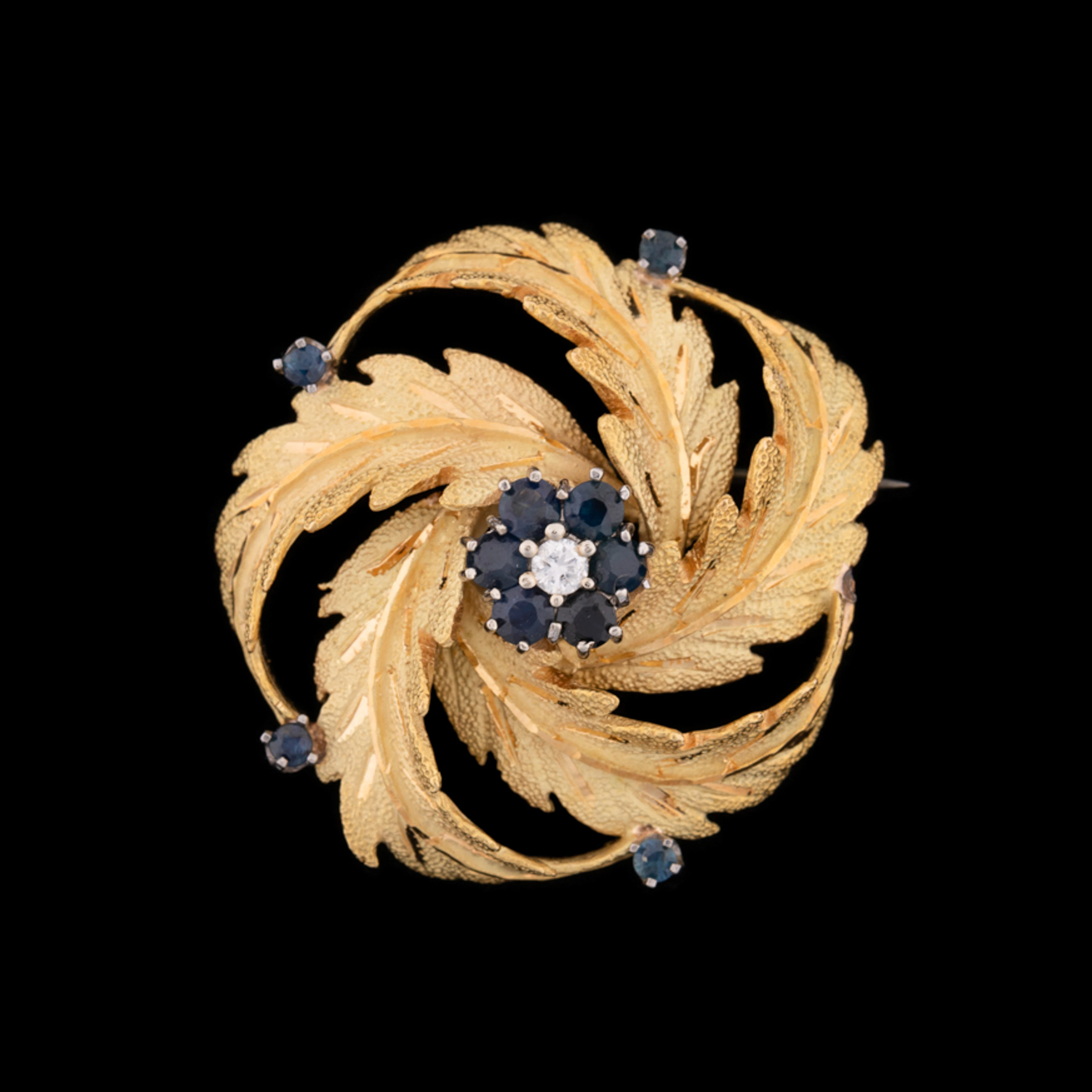 Sapphire & Diamond 18K YG Leaf Motif Pin