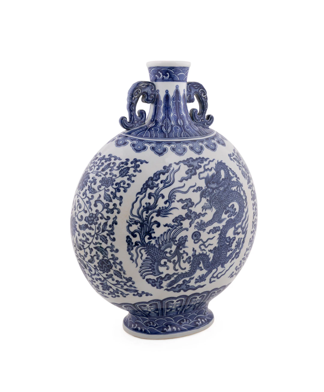 Chinese Blue & White Dragon Motif Moon Flask Vase
