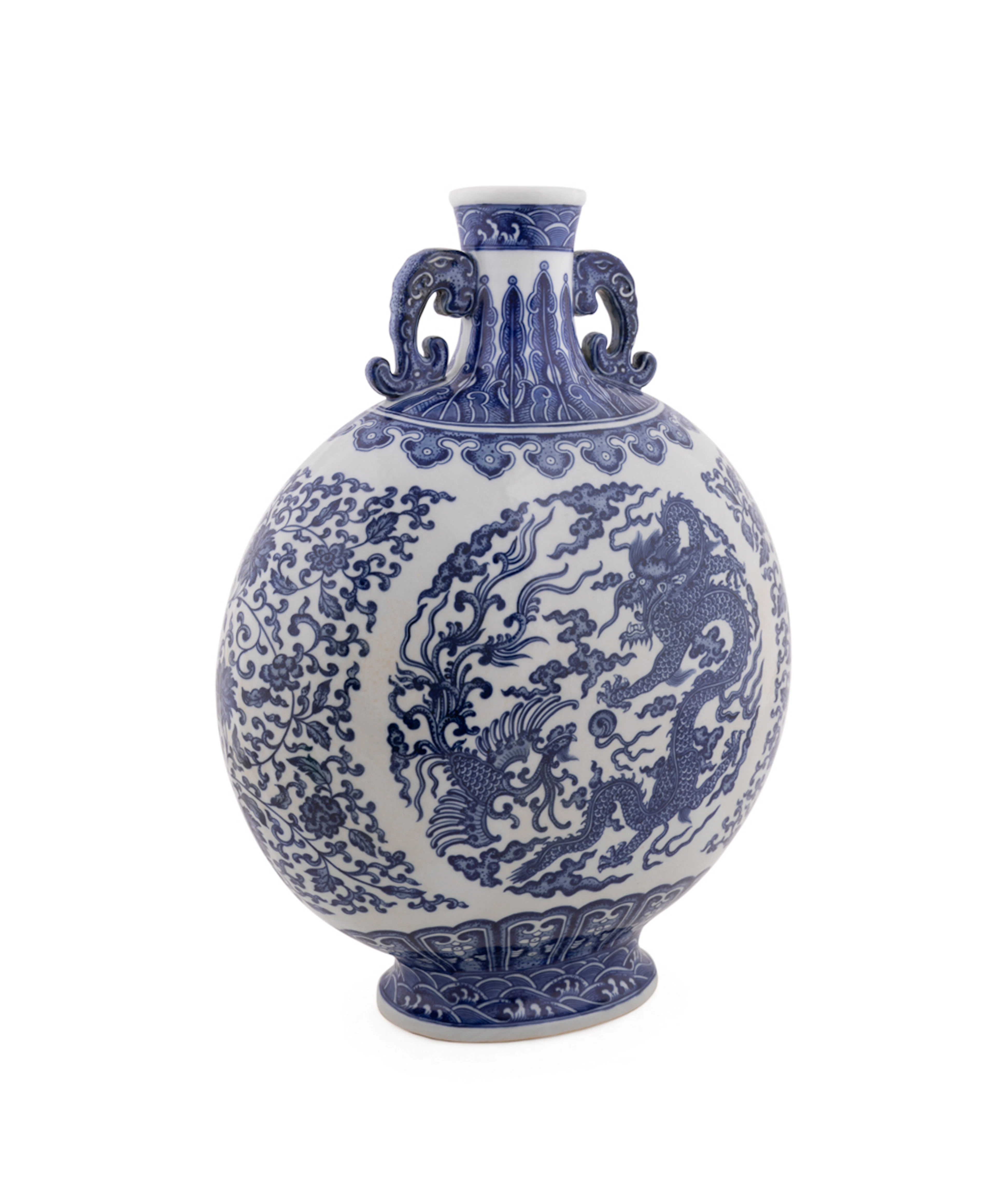 Chinese Blue & White Dragon Motif Moon Flask Vase