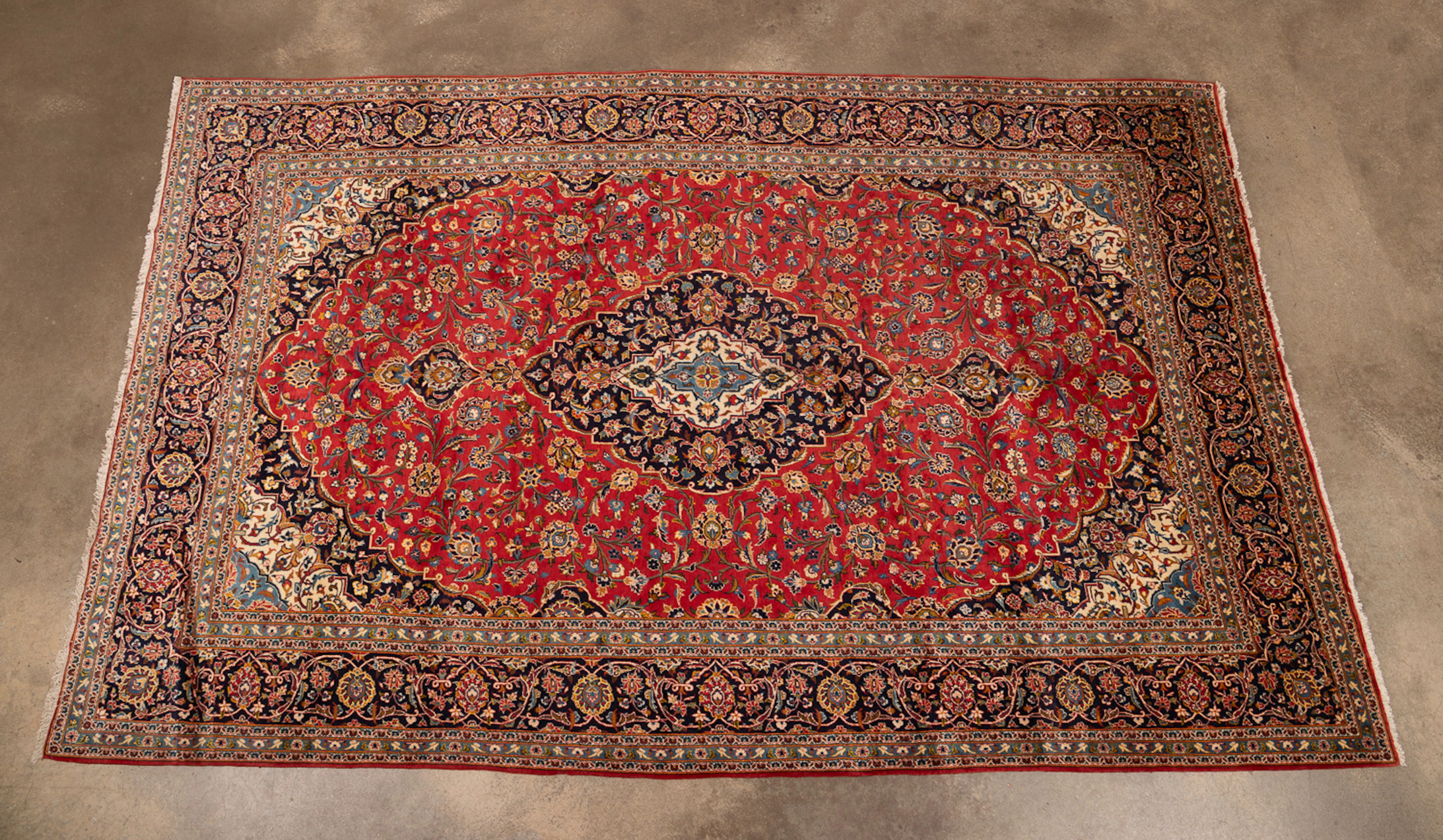 Lg. Persian Kashan Rug, 20th C., Red/Blue/Cream