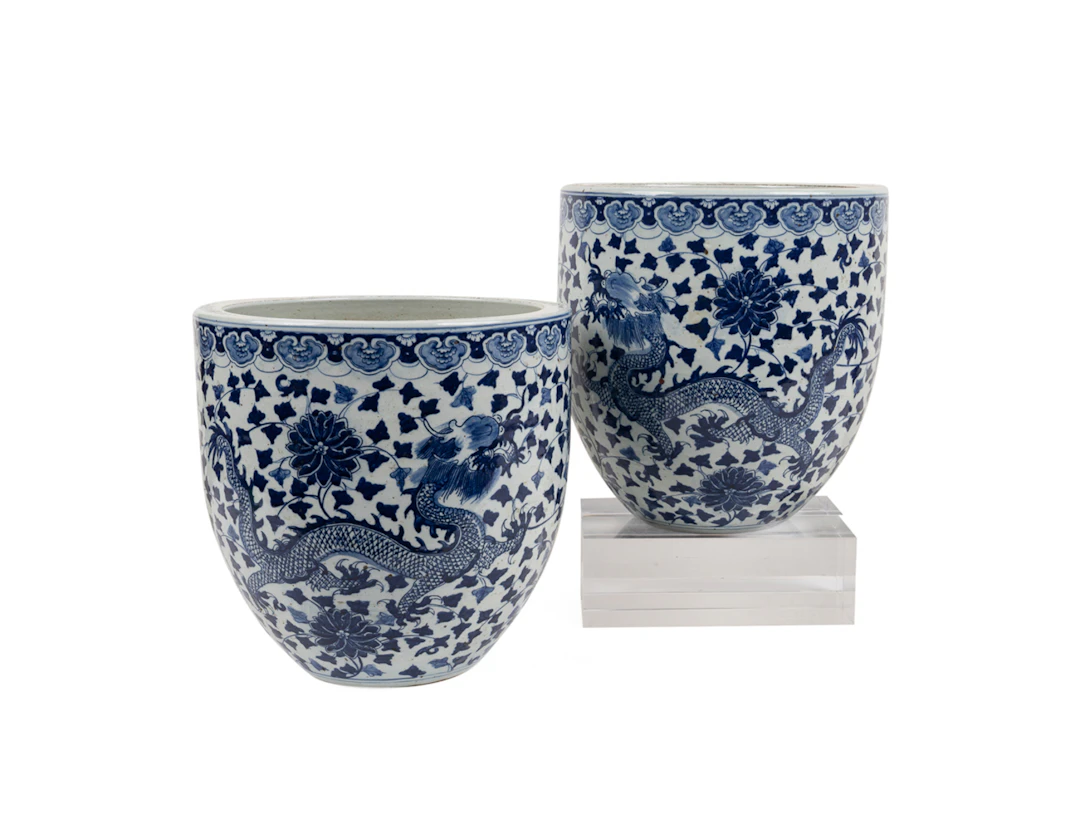 Pair of Blue and White Floral Motif Jardinieres