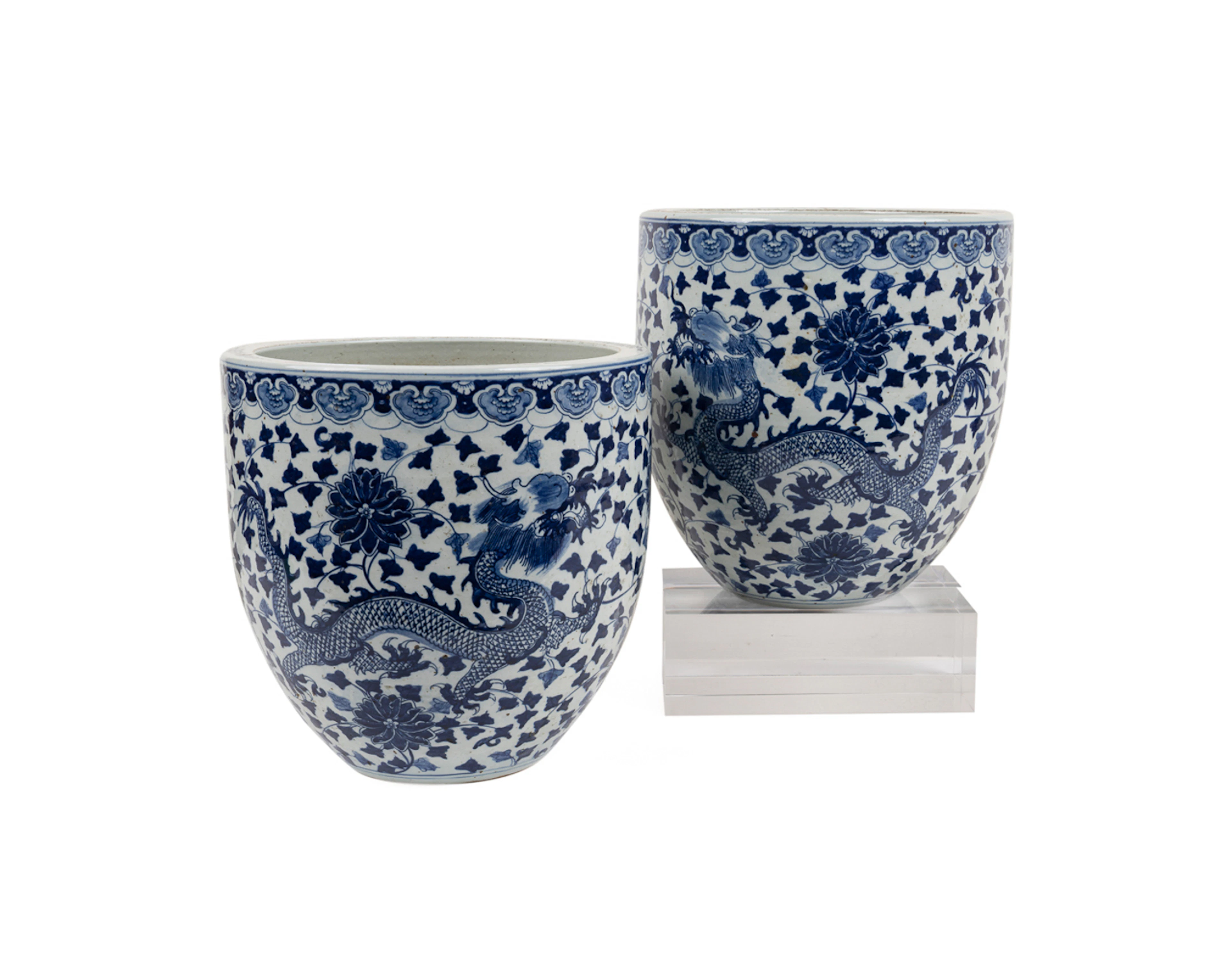 Pair of Blue and White Floral Motif Jardinieres