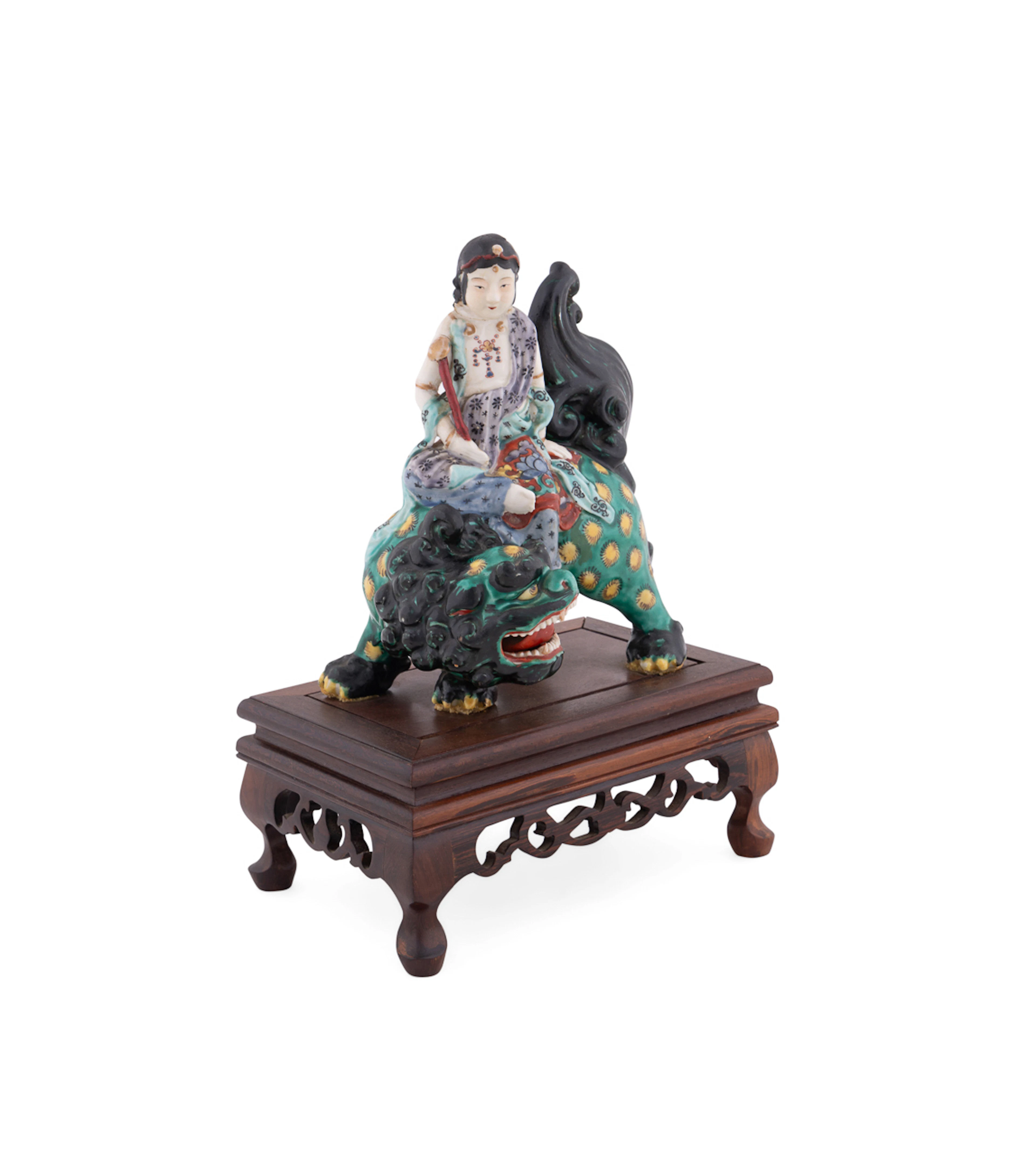 L. 19th C. Japanese Porcelain Kannon on Foo Lion