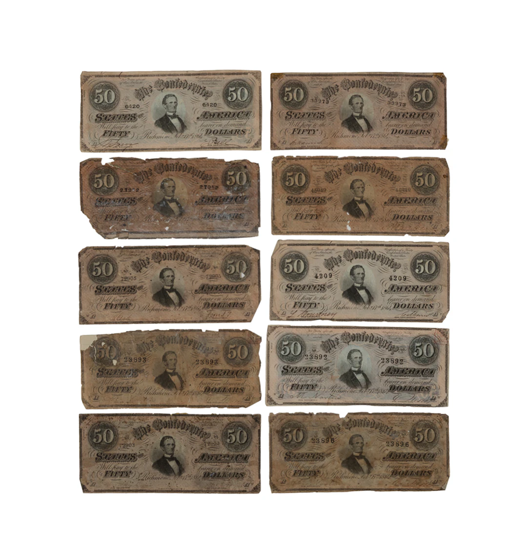 Group of 10, Confederate $50 Banknotes, 1864