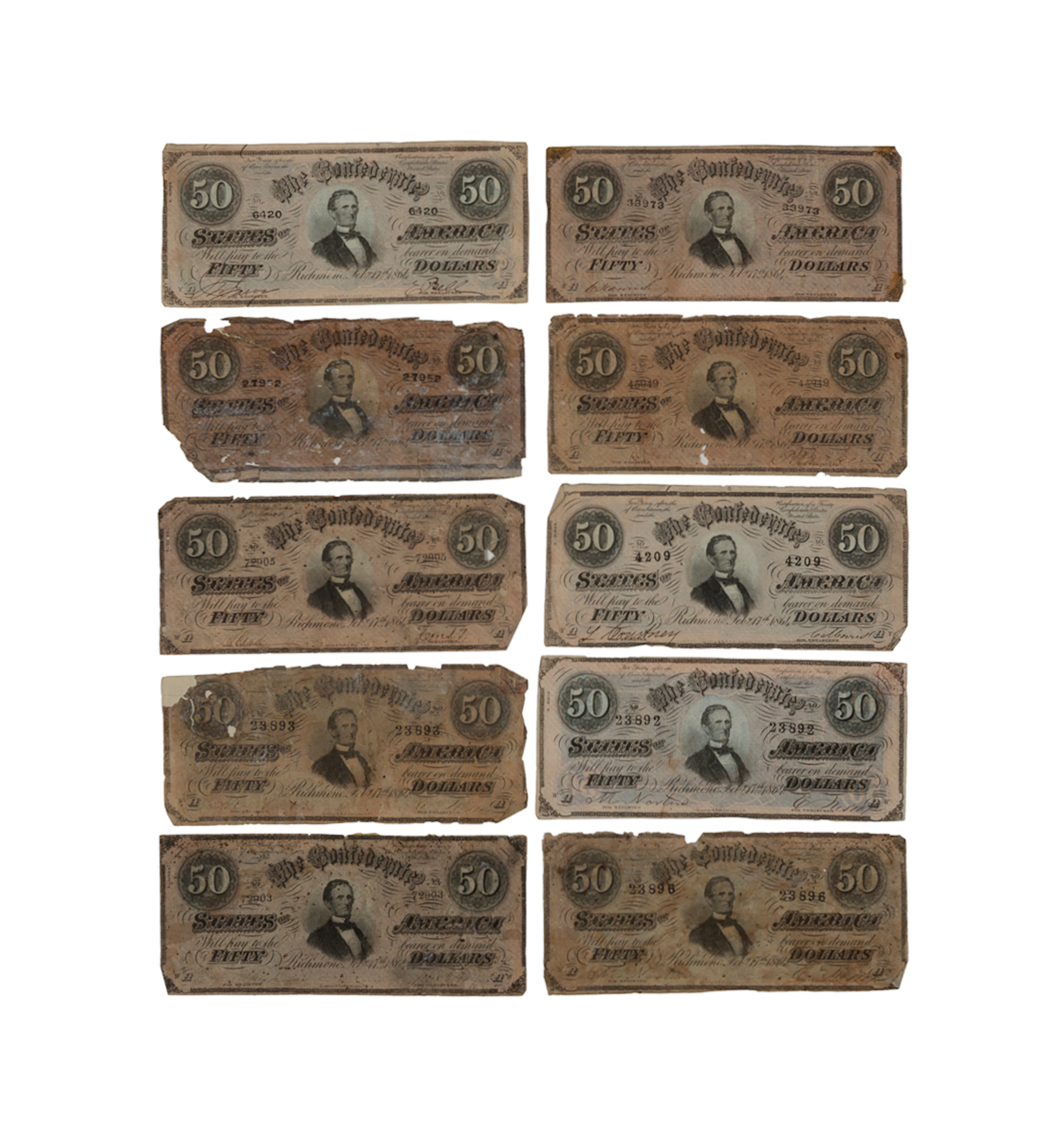 Group of 10, Confederate $50 Banknotes, 1864