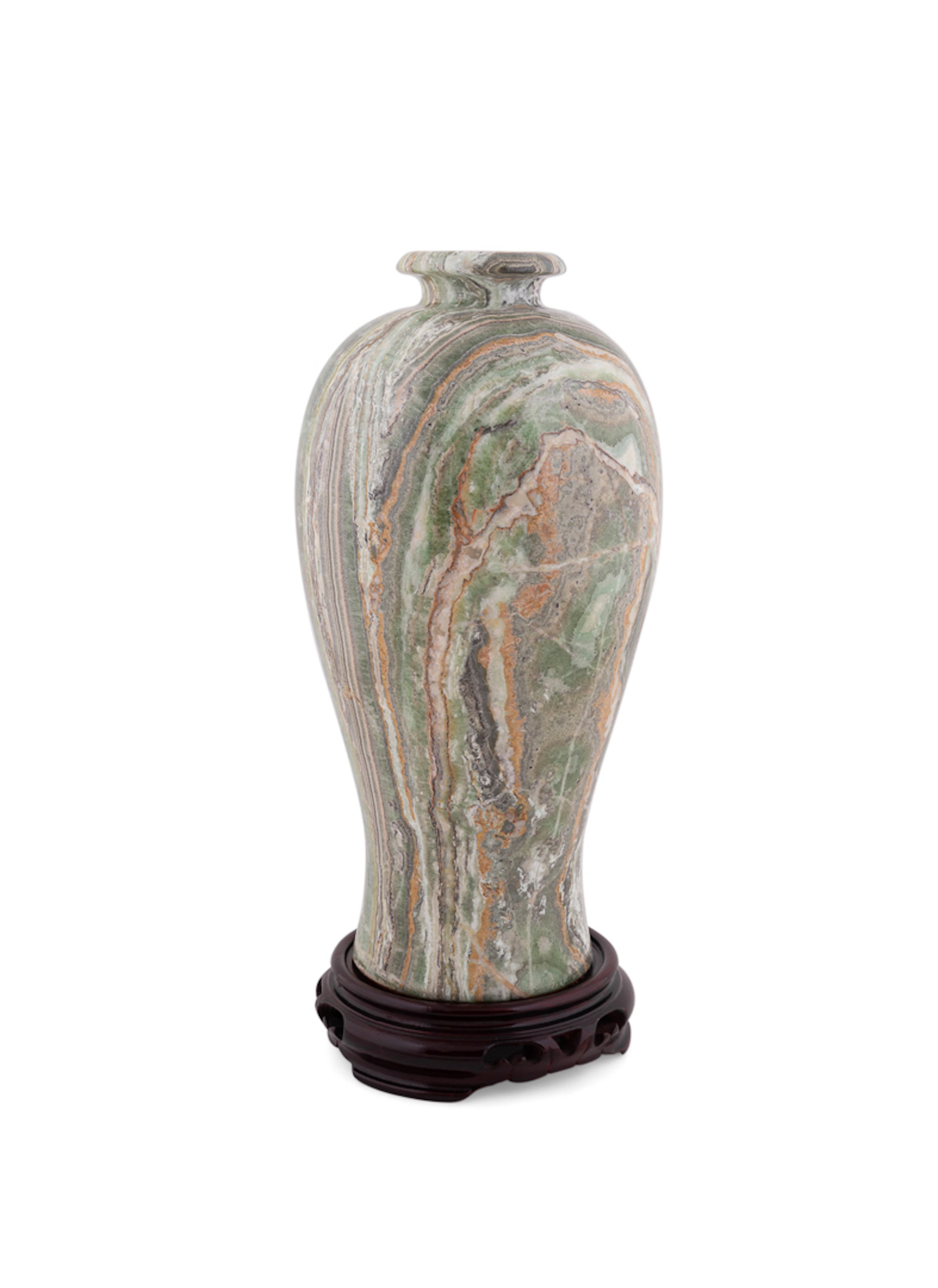 Large Chinese Green Jadeite Vase on Wooden Stand
