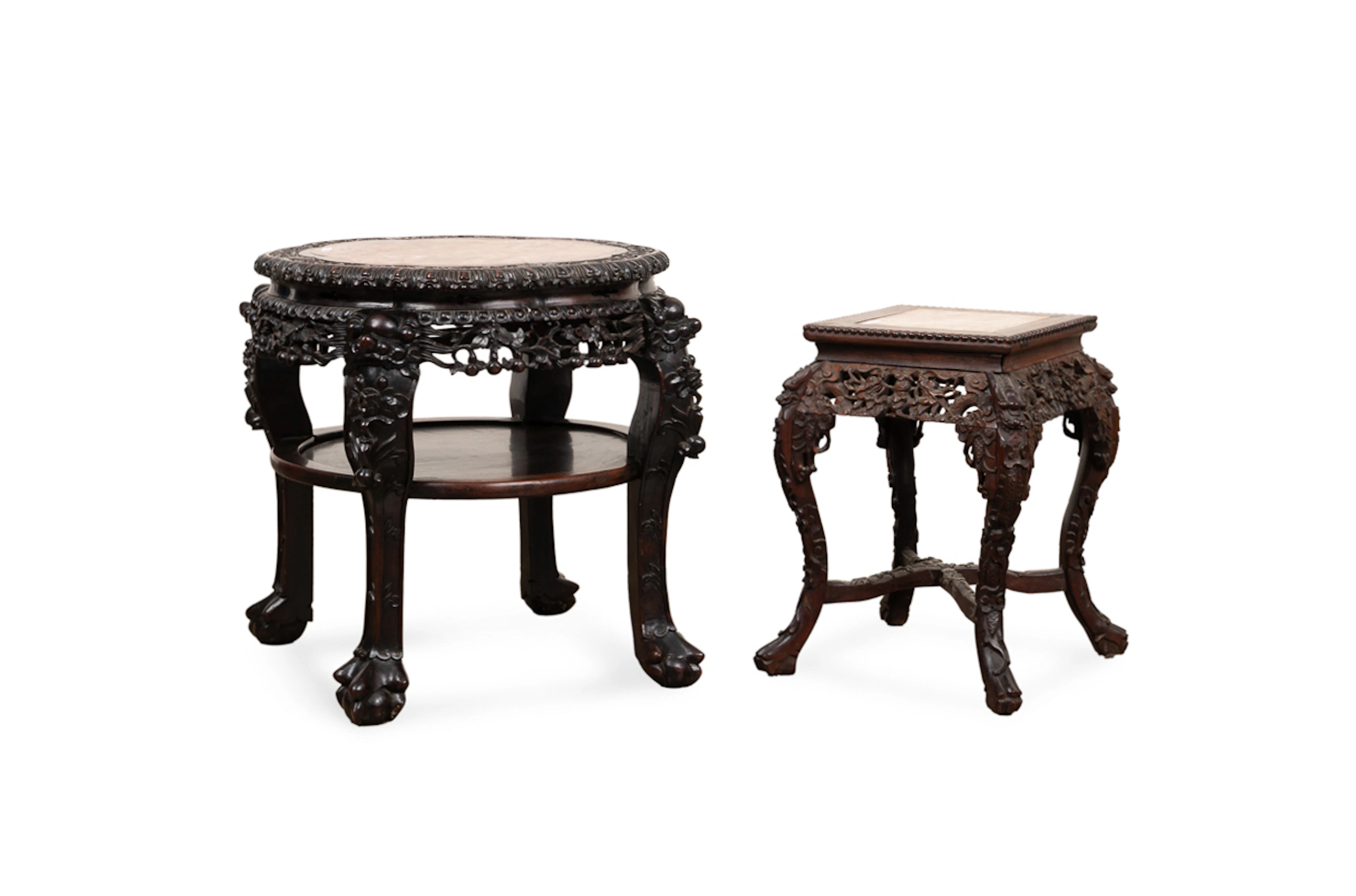 Two Chinese Marble Inset Wooden Side Tables