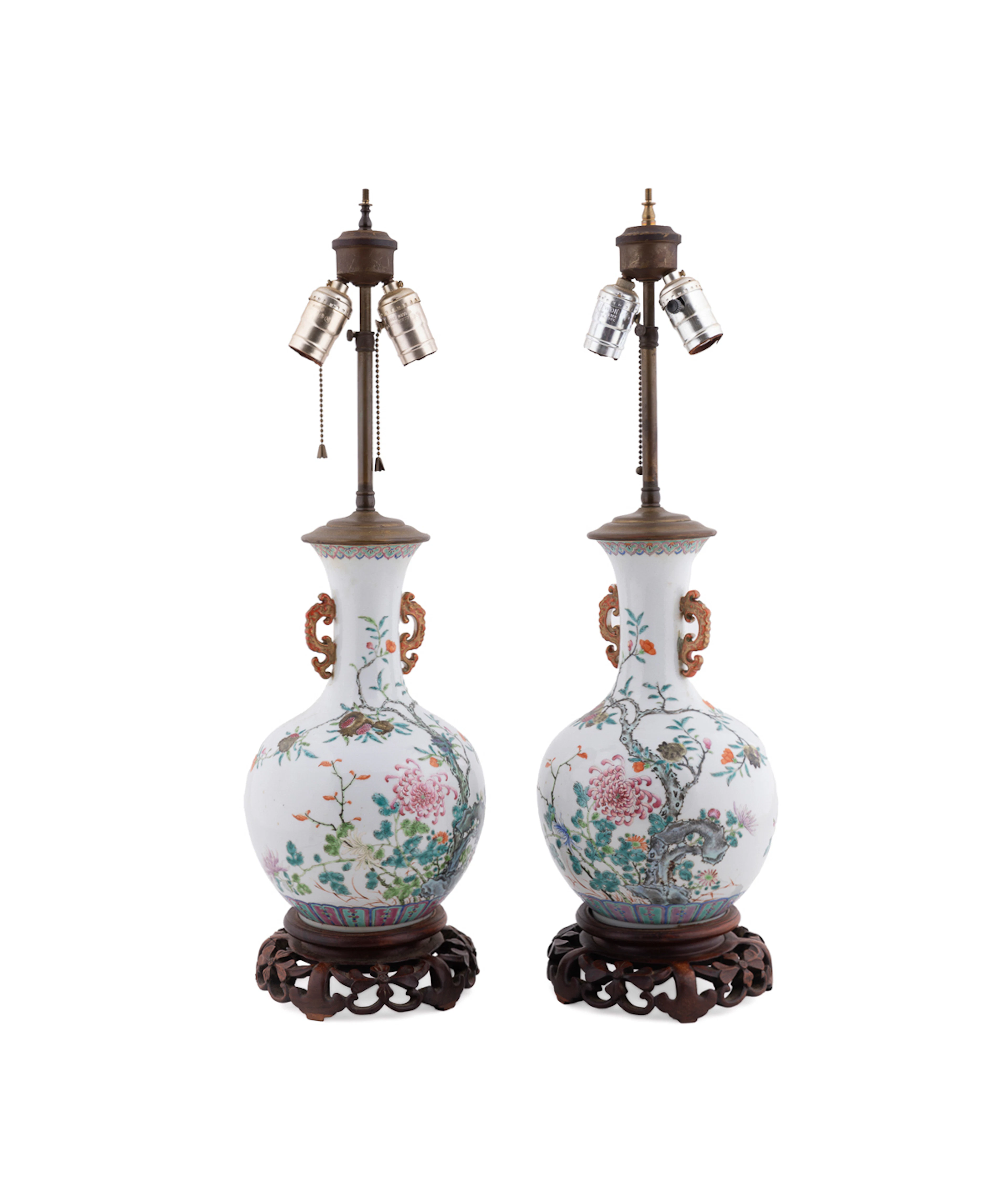 PR. 19th C. Famille Rose Porcelain Vasiform Lamps
